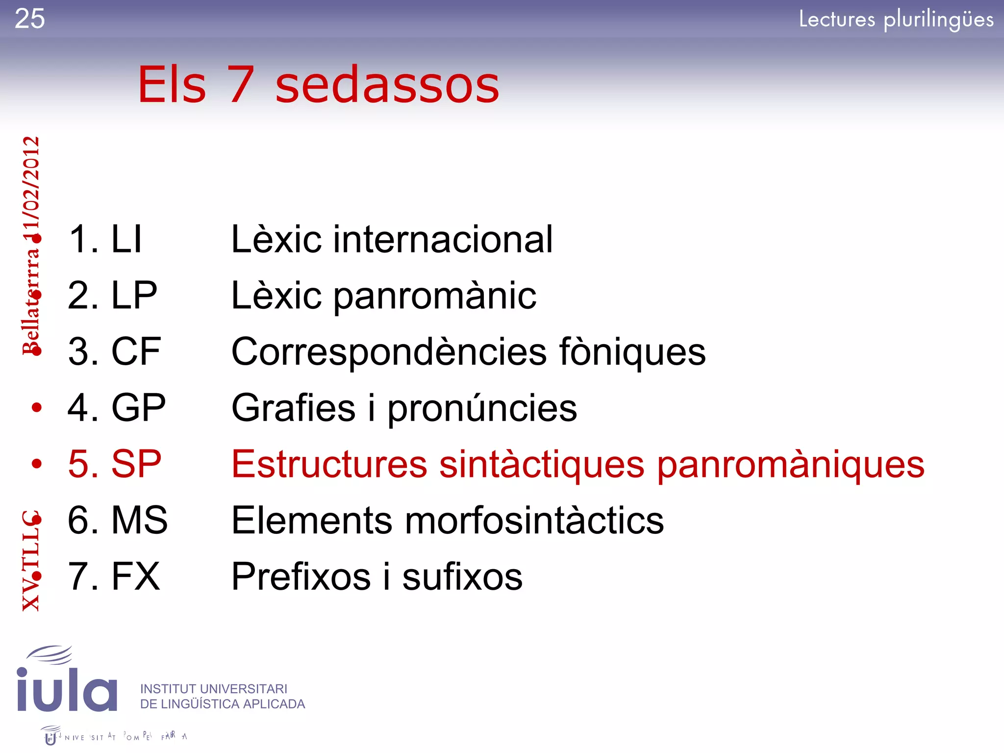 25

                            Els 7 sedassos
Bellaterrra 11/02/2012




          •              1. LI          Lèxic internacional
          •              2. LP          Lèxic panromànic
          •              3. CF          Correspondències fòniques
          •              4. GP          Grafies i pronúncies
          •              5. SP          Estructures sintàctiques panromàniques
          •              6. MS          Elements morfosintàctics
XV TLLC




          •              7. FX          Prefixos i sufixos

                            INSTITUT UNIVERSITARI
                            DE LINGÜÍSTICA APLICADA
 