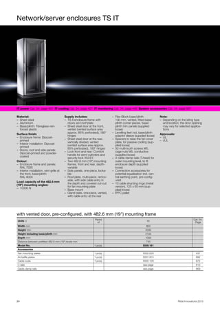 Network/server enclosures TS IT
24 Rittal Innovations 2015
IT power Cat. 34, page 407 IT cooling Cat. 34, page 427 IT monitoring Cat. 34, page 445 System accessories Cat. 34, page 507
Material:
– Sheet steel
– Aluminium
– Base/plinth: Fibreglass-rein-
forced plastic
Surface finish:
– Enclosure frame: Dipcoat-
primed
– Interior installation: Dipcoat-
primed
– Doors, roof and side panels:
Dipcoat-primed and powder-
coated
Colour:
– Enclosure frame and panels:
RAL 7035
– Interior installation, vent grille at
the front, base/plinth:
RAL 9005
Load capacity of the 482.6 mm
(19") mounting angles:
– 10000 N
Supply includes:
– TS 8 enclosure frame with
doors and roof plate
– Sheet steel door at the front,
vented (vented surface area
approx. 85% perforated), 180°
hinges
– Sheet steel door at the rear,
vertically divided, vented
(vented surface area approx.
85% perforated), 180° hinges
– Lock front and rear: Comfort
handle for semi-cylinders and
security lock 3524 E
– Two 482.6 mm (19") mounting
frames, front and rear, depth-
variable
– Side panels, one-piece, locka-
ble
– Roof plate, multi-piece, remov-
able, with side cable entry in
the depth and covered cut-out
for fan mounting plate
– Base mount
– Gland plate, one-piece, vented,
with cable entry at the rear
– Flex-Block base/plinth
100 mm, vented, fitted base/
plinth corner pieces, base/
plinth trim panels (supplied
loose)
– Levelling feet incl. base/plinth
adaptor sleeve (supplied loose)
– Spacers to raise the fan cover
plate, for passive cooling (sup-
plied loose)
– 50 multi-tooth screws M5,
cage nuts M5, conductive
(supplied loose)
– 4 cable clamp rails (T-head) for
outer mounting level, to fit
enclosure depth (supplied
loose)
– Connection accessories for
potential equalisation incl. cen-
tral earthing point, pre-config-
ured
– 10 cable shunting rings (metal
version), 125 x 65 mm (sup-
plied loose)
– IPPC pallet
Note:
– Depending on the siting type
and location, the door opening
may vary for selected applica-
tions
Approvals:
– UL
– cUL
with vented door, pre-configured, with 482.6 mm (19") mounting frame
Units U
Packs
of
42
Cat. 34,
Page
Width mm 800
Height mm 2000
Height including base/plinth mm 2100
Depth mm 1000
Distance between prefitted 482.6 mm (19") levels mm 745
Model No. 1 pc(s). 5509.161
Accessories
Fan mounting plates 1 pc(s). 5502.020 437
Air baffle plates 1 pc(s). 5501.915 692
Cable route 1 pc(s). 5502.120 672
C rails see page 613
Cable clamp rails see page 669
 