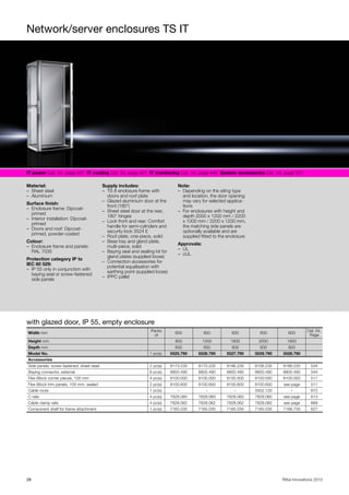 Network/server enclosures TS IT
28 Rittal Innovations 2015
IT power Cat. 34, page 407 IT cooling Cat. 34, page 427 IT monitoring Cat. 34, page 445 System accessories Cat. 34, page 507
Material:
– Sheet steel
– Aluminium
Surface finish:
– Enclosure frame: Dipcoat-
primed
– Interior installation: Dipcoat-
primed
– Doors and roof: Dipcoat-
primed, powder-coated
Colour:
– Enclosure frame and panels:
RAL 7035
Protection category IP to
IEC 60 529:
– IP 55 only in conjunction with
baying seal or screw-fastened
side panels
Supply includes:
– TS 8 enclosure frame with
doors and roof plate
– Glazed aluminium door at the
front (180°)
– Sheet steel door at the rear,
180° hinges
– Lock front and rear: Comfort
handle for semi-cylinders and
security lock 3524 E
– Roof plate, one-piece, solid
– Base tray and gland plate,
multi-piece, solid
– Baying seal and sealing kit for
gland plates (supplied loose)
– Connection accessories for
potential equalisation with
earthing point (supplied loose)
– IPPC pallet
Note:
– Depending on the siting type
and location, the door opening
may vary for selected applica-
tions
– For enclosures with height and
depth 2000 x 1200 mm / 2200
x 1000 mm / 2200 x 1200 mm,
the matching side panels are
optionally available and are
supplied fitted to the enclosure
Approvals:
– UL
– cUL
with glazed door, IP 55, empty enclosure
Width mm
Packs
of
600 600 600 600 600
Cat. 34,
Page
Height mm 800 1200 1800 2000 1800
Depth mm 600 600 600 600 800
Model No. 1 pc(s). 5525.790 5526.790 5527.790 5529.790 5528.790
Accessories
Side panels, screw-fastened, sheet steel 2 pc(s). 8173.235 8170.235 8186.235 8106.235 8188.235 534
Baying connector, external 6 pc(s). 8800.490 8800.490 8800.490 8800.490 8800.490 544
Flex-Block corner pieces, 100 mm 4 pc(s). 8100.000 8100.000 8100.000 8100.000 8100.000 511
Flex-Block trim panels, 100 mm, sealed 2 pc(s). 8100.600 8100.600 8100.600 8100.600 see page 511
Cable route 1 pc(s). – – – 5502.120 – 672
C rails 4 pc(s). 7828.060 7828.060 7828.060 7828.060 see page 613
Cable clamp rails 4 pc(s). 7828.062 7828.062 7828.062 7828.062 see page 669
Component shelf for frame attachment 1 pc(s). 7165.035 7165.035 7165.035 7165.035 7166.735 627
 