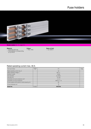 Fuse holders
59Rittal Innovations 2015
Busbar system Cat. 34, page 212
Material:
– Polyamide (PA 6.6)
– Fire protection corresponding
to UL 94-V0
Colour:
– RAL 7035
Basis of test:
– UL 4248-4
Rated operating current max. 30 A
Fuse type (class)
Packs
of
CC Page
Rated operating current max. A 30
Rated operating voltage V, ~ 600, 3~
Number of poles 3-pole
Fuse standard UL 248-4
Fuse size mm 10 x 38
Connection of round conductors mm² 1.5 - 6
Connection of round conductors AWG 10 - 16
For bar systems with centre-to-centre spacing mm 60
For bar thickness mm
5
10
Model No. 4 pc(s). 9345.040
 