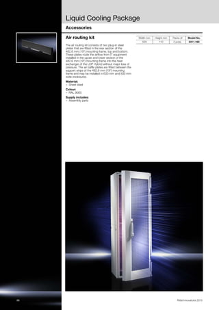 86 Rittal Innovations 2015
Liquid Cooling Package
Accessories
Air routing kit
The air routing kit consists of two plug-in steel
plates that are fitted in the rear section of the
482.6 mm (19") mounting frame, top and bottom.
These plates route the airflow from IT equipment
installed in the upper and lower section of the
482.6 mm (19") mounting frame into the heat
exchanger of the LCP Hybrid without major loss of
pressure. The air baffle plates are fitted between the
support strips of the 482.6 mm (19") mounting
frame and may be installed in 600 mm and 800 mm
wide enclosures.
Material:
– Sheet steel
Colour:
– RAL 9005
Supply includes:
– Assembly parts
Width mm Height mm Packs of Model No.
529 110 2 pc(s). 3311.160
 