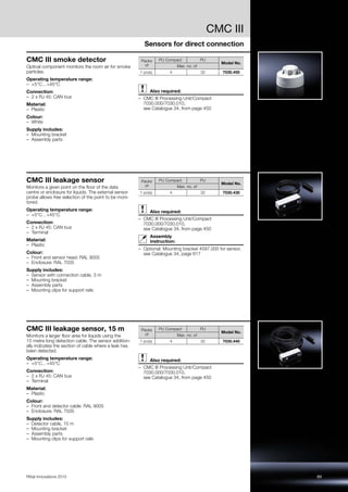 Sensors for direct connection
CMC III
89Rittal Innovations 2015
CMC III smoke detector
Optical component monitors the room air for smoke
particles.
Operating temperature range:
– +5°C…+45°C
Connection:
– 2 x RJ 45: CAN bus
Material:
– Plastic
Colour:
– White
Supply includes:
– Mounting bracket
– Assembly parts
Also required:
– CMC III Processing Unit/Compact
7030.000/7030.010,
see Catalogue 34, from page 450
Packs
of
PU Compact PU
Model No.
Max. no. of
1 pc(s). 4 32 7030.400
CMC III leakage sensor
Monitors a given point on the floor of the data
centre or enclosure for liquids. The external sensor
probe allows free selection of the point to be moni-
tored.
Operating temperature range:
– +5°C…+45°C
Connection:
– 2 x RJ 45: CAN bus
– Terminal
Material:
– Plastic
Colour:
– Front and sensor head: RAL 9005
– Enclosure: RAL 7035
Supply includes:
– Sensor with connection cable, 3 m
– Mounting bracket
– Assembly parts
– Mounting clips for support rails
Also required:
– CMC III Processing Unit/Compact
7030.000/7030.010,
see Catalogue 34, from page 450
Assembly
instruction:
– Optional: Mounting bracket 4597.000 for sensor,
see Catalogue 34, page 617
Packs
of
PU Compact PU
Model No.
Max. no. of
1 pc(s). 4 32 7030.430
CMC III leakage sensor, 15 m
Monitors a larger floor area for liquids using the
15 metre long detection cable. The sensor addition-
ally indicates the section of cable where a leak has
been detected.
Operating temperature range:
– +5°C…+45°C
Connection:
– 2 x RJ 45: CAN bus
– Terminal
Material:
– Plastic
Colour:
– Front and detector cable: RAL 9005
– Enclosure: RAL 7035
Supply includes:
– Detector cable, 15 m
– Mounting bracket
– Assembly parts
– Mounting clips for support rails
Also required:
– CMC III Processing Unit/Compact
7030.000/7030.010,
see Catalogue 34, from page 450
Packs
of
PU Compact PU
Model No.
Max. no. of
1 pc(s). 4 32 7030.440
 