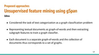 Idea
● Considered the task of text categorization as a graph classification problem
● Representing textual documents as graph-of-words and then extracting
subgraph features to train a graph classifier.
● Each document is a separate graph-of-words and the collection of
documents thus corresponds to a set of graphs.
Proposed approaches
Unsupervised feature mining using gSpan
17
 
