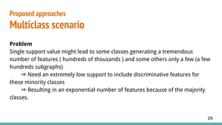 Problem
Single support value might lead to some classes generating a tremendous
number of features ( hundreds of thousands ) and some others only a few (a few
hundreds subgraphs)
⇒ Need an extremely low support to include discriminative features for
these minority classes
⇒ Resulting in an exponential number of features because of the majority
classes.
Proposed approaches
Multiclass scenario
29
 
