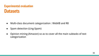 Experimental evaluation
Datasets
35
● Multi-class document categorization : WebKB and R8
● Spam detection (Ling-Spam)
● Opinion mining (Amazon) so as to cover all the main subtasks of text
categorization
 