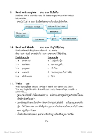 134
9. Read and complete ອ່ານ ແລະ ຕື່ມໃຫ້ຄົບ
Read the text in exercise 8 and fill in the empty boxes with correct
information.
ອ່ານບົດໃນຂໍ້ 8 ແລະ ຕື່ມໃສ່ບ່ອນຫວ່າງດ້ວຍຂໍ້ມູນທີ່ ຖືກຕ້ອງ.
10. Read and Match ອ່ານ ແລະ ຈ ັບຄູ່ໃຫ້ຖືກຕ້ອງ
Read and match English words with Lao words.
ອ່ານ ແລະ ຈ ັບຄູ່ ພາສາອັງກິດ ແລະ ພາສາລາວໃຫ້ຖືກຕ້ອງ.
English words Lao words
1. d antenatal a. ໄວໜຸ່ມ/ໄວລຸ້ນ
2. c newborn b. ແພດພະດຸງຄັນ
3. e pregnant c ເກີດໃໝ່
4. b midwife d. ກວດທ້ອງກ່ອນໃຫ້ກ ໍາເນີດ
5. a adolescents e. ຖືພາ
11. Write ຂຽນ
Write a paragraph about a service of health care center you know.
You may begin like this: A health care centre in my village provides a
service to......
• ຄູສາມາດໃຫ້ຫົວຂໍ້ໄດ້ເພື່ ອເປັນຕົວຢ່າງ ແລ້ວຖາມນັກຮຽນວ່າກ່ຽວກັບຫົວຂໍ້ນີ້ຄວນ
ເວົ້າເຖິງເລື່ອງໃດແດ່?
• ບອກນັກຮຽນຄຶດຫາເລື່ ອງທີ່ ຈະເອົາມາເວົ້າກ່ຽວກັບຫົວຂໍ້ນີ້ ແລ້ວຄູຂຽນຄວາມຄິດ
ເຫຼົ່ າ ນັ້ນໃສ່ກະດານ ຈາກນັ້ນຈຶ່ງຈ ັດລຽງຄວາມຄິດວ່າຄວນເວົ້າຄວາມຄິດໃດກ່ອນ
ແລະ ລຽງລົງມາຈ ົນສຸດ.
• ເມື່ອສ ໍາເລັດຕົວຢ່າງແລ້ວ ຄູສາມາດໃຫ້ນັກຮຽນເຮັດເປັນວຽກບ້ານກໍໄດ້.
antenatal check-up
Mother and
child care
pregnant women
competent
deliveries
low utilizationpoor
3_Eng_M6 TG ready for print.pdf 1403_Eng_M6 TG ready for print.pdf 140 7/31/2015 9:28:30 AM7/31/2015 9:28:30 AM
ສ.ວ.ສ
ສະຫງວນລິຂະສິດ
 