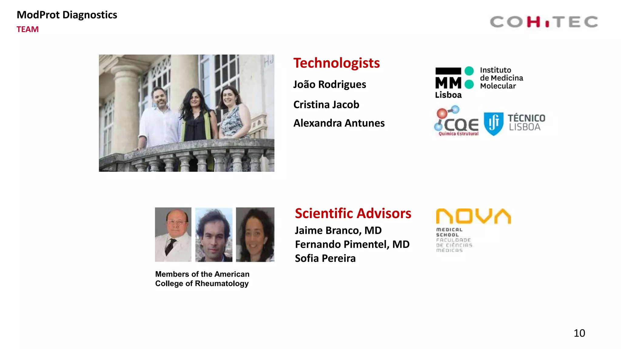Cristina Jacob
Alexandra Antunes
João Rodrigues
Technologists
Scientific Advisors
Jaime Branco, MD
Fernando Pimentel, MD
Sofia Pereira
Members of the American
College of Rheumatology
10
ModProt Diagnostics
TEAM
 