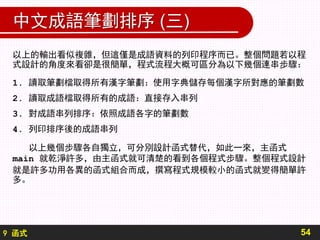 9 函式
中文成語筆劃排序 (三)
54
以上的輸出看似複雜，但這僅是成語資料的列印程序而已。整個問題若以程
式設計的角度來看卻是很簡單，程式流程大概可區分為以下幾個連串步驟：
1. 讀取筆劃檔取得所有漢字筆劃：使用字典儲存每個漢字所對應的筆劃數
2. 讀取成語檔取得所有的成語：直接存入串列
3. 對成語串列排序：依照成語各字的筆劃數
4. 列印排序後的成語串列
以上幾個步驟各自獨立，可分別設計函式替代，如此一來，主函式
main 就乾淨許多，由主函式就可清楚的看到各個程式步驟。整個程式設計
就是許多功用各異的函式組合而成，撰寫程式規模較小的函式就變得簡單許
多。
 