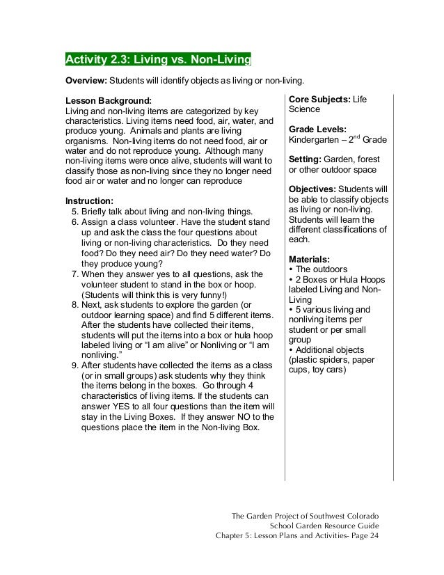 Colorado School Garden Lesson Plan b3: Living vs. Non-Living