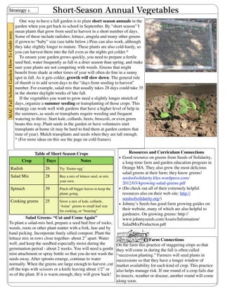 One way to have a fall garden is to plant short season annuals in the 
garden when you get back to school in September. By “short season” I 
mean plants that grow from seed to harvest in a short number of days. 
Some of these include radishes, lettuce, arugula and many other greens 
if grown to “baby” size (see table below.) Peas can also work, although 
they take slightly longer to mature. These plants are also cold-hardy, so 
you can harvest them into the fall even as the nights get colder.* 
To ensure your garden grows quickly, you need to prepare a fertile 
seed bed, water frequently as fall is a drier season than spring, and make 
sure your plants are not competing with weeds. Greens that might 
benefit from shade at other times of year will often do fine in a sunny 
spot in fall. As it gets colder, growth will slow down. The general rule 
of thumb is to add seven days to the “days from seeding to harvest” 
number. For example, salad mix that usually takes 28 days could take 35 
in the shorter daylight weeks of late fall. 
If the vegetables you want to grow need a slightly longer stretch of 
days, organize a summer seeding or transplanting of those crops. This 
strategy can work well with gardens that have a higher level of help in 
the summers, as seeds or transplants require weeding and frequent 
watering to thrive. Start kale, collards, beets, broccoli, or even green 
beans this way. Plant seeds in the garden or have volunteers start 
transplants at home (it may be hard to find them at garden centers that 
time of year). Mulch transplants and seeds when they are tall enough. 
* (For more ideas on this see the page on cold frames) 
MAC Fall School Garden How-To Guide 2013 
Short-Season Annual Vegetables 
Table of Short Season Crops 
Crop Days Notes 
Radish 26 Try ‘Easter egg’ 
Salad Mix 28 Buy a mix of lettuce seed, or mix 
your own. 
Spinach 39 Pinch off bigger leaves to keep the 
plants going. 
Cooking greens 25 Grow a mix of kale, collards, 
‘Asian’ greens to small leaf size 
for cooking, or “braising” 
Salad Greens- “Cut and Come Again” 
To plant a salad-mix bed, prepare a seed bed free of rocks, 
weeds, roots or other plant matter with a fork, hoe and by 
hand picking. Incorporate finely sifted compost. Plant the 
lettuce mix in rows close together- about 2” apart. Water 
well, and keep the seedbed especially moist during the 
germination period - about 2 weeks. You will need a gentle 
mist attachment or spray bottle so that you do not wash the 
seeds away. After sprouts emerge, continue to water 
normally. When the greens are large enough to harvest, cut 
off the tops with scissors or a knife leaving about 1/2” or 
so of the plant. If it is warm enough, they will grow back! 
Resources and Curriculum Connections 
• Good resource on greens from Seeds of Solidarity, 
a long-time farm and garden education program in 
Orange MA. They also grow the most delicious 
salad greens at their farm; they know greens! 
seedsofsolidarity.files.wordpress.com/ 
2012/03/4growing-salad-greens.pdf 
• (Do check out all of their extremely helpful 
resources also on their web site: http:// 
seedsofsolidarity.org/) 
• Johnny’s Seeds has good farm growing guides on 
their website, many of which are also helpful to 
gardeners. On growing greens: http:// 
www.johnnyseeds.com/Assets/Information/ 
SaladMixProduction.pdf 
Farm Connections 
On the farm this practice of staggering crops so that 
they will come in during the fall is often called 
“succession planting.” Farmers will seed plants in 
successions so that they have a longer window of 
market availability for each kind of crop. This practice 
also helps manage risk. If one round of a crop fails due 
to insects, weather or disease, another round will come 
along soon. 
Strategy 1. 
 