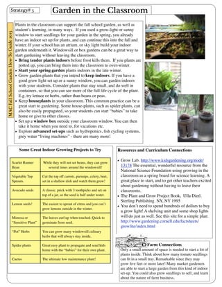 Garden in the Classroom 
Plants in the classroom can support the fall school garden, as well as 
student’s learning, in many ways. If you used a grow-light or sunny 
window to start seedlings for your garden in the spring, you already 
have an indoor set up for plants, and can continue this into the fall and 
winter. If your school has an atrium, or sky light build your indoor 
garden underneath it. Windowsill or box gardens can be a great way to 
start gardening without leaving the classroom. 
• Bring tender plants indoors before frost kills them. If you plants are 
potted up, you can bring them into the classroom to over-winter. 
• Start your spring garden plants indoors in the late winter. 
• Grow garden plants that you intend to keep indoors. If you have a 
good grow light set up or a sunny window, you can garden indoors 
with your students. Consider plants that stay small, and do well in 
containers, so that you can see more of the full life cycle of the plant. 
E.g. try lettuce or herbs, rather than beans or peas. 
• Keep houseplants in your classroom. This common practice can be a 
great start to gardening. Some house-plants, such as spider plants, can 
also be easily propagated, so your students can start “babies” to take 
home or give to other classes. 
• Set up a window box outside your classroom window. You can then 
take it home when you need to, for vacations etc. 
• Explore advanced set-ups such as hydroponics, fish cycling systems, 
grey water “living machines” - there are many more! 
Resources and Curriculum Connections 
• Grow Lab. http://www.kidsgardening.org/node/ 
13178 The essential, wonderful resource from the 
National Science Foundation using growing in the 
classroom as a spring board for science learning. A 
great place to start, and to get other teachers excited 
about gardening without having to leave their 
classrooms. 
• The Plant and Grow Project Book, Ulla Dietl. 
Sterling Publishing. NY, NY 1995 
• You don’t need to spend hundreds of dollars to buy 
a grow light! A shelving unit and some shop lights 
will do just as well. See this site for a simple plan: 
http://www.gardening.cornell.edu/factsheets/ 
growlite/index.html 
Farm Connections 
Only a small amount of space is needed to start a lot of 
plants inside. Think about how many tomato seedlings 
can fit in a small tray. Remarkable since they may 
grow five feet or more later! Many market gardeners 
are able to start a large garden from this kind of indoor 
set-up. You could also grow seedlings to sell, and learn 
about the nature of farm business. 
Strategy# 3 
Some Great Indoor Growing Projects to Try 
MAC Fall School Garden How-To Guide 2013 
Scarlet Runner 
Bean 
While they will not set beans, they can grow 
several times around the windowsill! 
Vegetable Top 
Sprouts. 
Cut the top off carrots, parsnips, celery, beet, 
set in a shallow dish and watch them grow! 
Avocado seeds A classic. prick with 3 toothpicks and set on 
top of a jar, so the seed is half under water. 
Lemon seeds! The easiest to sprout of citrus and you can’t 
grow lemons outside in the winter. 
Mimosa or 
“Sensitive Plant” 
The leaves curl up when touched. Quick to 
germinate from seed. 
“Pot” Herbs You can grow many windowsill culinary 
herbs that will always stay inside. 
Spider plants Great easy plant to propagate and send kids 
home with the “babies” for their own plant. 
Cactus The ultimate low maintenance plant! 
 