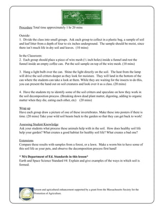 Procedure Total time approximately 1 hr 20 mins 
Outside: 
1. Divide the class into small groups. Ask each group to collect in a plastic bag, a sample of soil 
and leaf litter from a depth of four to six inches underground. The sample should be moist, since 
there isn’t much life in dry soil and leaves. (10 mins) 
In the Classroom: 
2. Each group should place a piece of wire mesh (½ inch holes) inside a funnel and rest the 
funnel inside an empty coffee can. Put the soil sample on top of the wire mesh. (10 mins) 
3. Hang a light bulb over the can. Shine the light directly on the soil. The heat from the lamp 
will drive the soil critters deeper as they look for moisture. They will land in the bottom of the 
can where the students can take a look at them. While they are waiting for the insects to do this, 
you can present the hand out on soil creatures and look over it as a class. (20 mins) 
4. Have the students try to identify some of the soil critters and speculate on how they work in 
the soil decomposition process. (Breaking down dead plant matter, digesting, adding to organic 
matter when they die, eating each other, etc) (20 mins) 
Wrap up 
Have each group draw a picture of one of these invertebrates. Make these into posters if there is 
time. (20 mins) Take your wild soil beasts back to the garden so that they can get back to work! 
Assessing Student Knowledge 
Ask your students what process these animals help with in the soil. How does healthy soil life 
help your garden? What creates a good habitat for healthy soil life? What creates a bad one? 
Extensions 
Compare these results with samples from a forest, or a lawn. Make a worm bin to have some of 
this soil life as your pets, and observe the decomposition process first hand! 
* MA Department of Ed. Standards in this lesson* 
Earth and Space Science Standard #4: Explain and give examples of the ways in which soil is 
formed. 
Lesson and agricultural enhancement supported by a grant from the Massachusetts Society for the 
Promotion of Agriculture. 
 