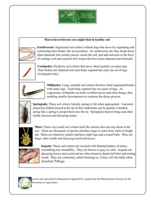 Macro-invertebrates you might find in healthy soil 
Earthworms: Segmented soil critters without legs that move by expanding and 
contracting their bodies like an accordion. As earthworms eat, they break down 
plant materials into smaller pieces, aerate the soil, and add nutrients in the form 
of castings (soil and nutrient-rich wastes that have been digested and released). 
Centipedes: Predatory soil critters that move about quickly on many legs. 
Their bodies are flattened and each body segment has only one set of legs. 
(Centipedes bite) 
Millipedes: Long, rounded soil critters that have hard segmented bodies 
with many legs. Each body segment has two pairs of legs. As 
vegetarians, millipedes eat holes in fallen leaves and other things, thus 
enabling smaller decomposers to continue the decay process. 
Springtails: These soil critters literally spring to life when approached. A pointed 
projection folded inward at the tip of their abdomens can be quickly extended, 
acting like a spring to propel them into the air. Springtails feed on fungi and other 
molds, bacteria and decaying matter. 
Mites: These very small soil critters look like minute dots moving about in the 
soil. There are thousands of species and they range in color from white to bright 
red. Mites are related to spiders and have eight legs and a round body. They eat 
fungi, other molds and decaying wood and leaves. 
Isopods: These soil critters are covered with flattened plates of armor, 
resembling tiny armadillos. They are brown or gray in color. Isopods eat 
decaying leaves and wood and are often found in damp leaf litter and rotting 
wood. They are commonly called Sowbugs or, if they roll into balls when 
disturbed, Pillbugs. 
Lesson and agricultural enhancement supported by a grant from the Massachusetts Society for the 
Promotion of Agriculture. 
 