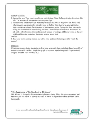 In The Classroom: 
1. Lay out the tarp. Turn your worm bin out onto the tarp. Shine the lamp directly down onto this 
pile. The worms will burrow down to escape the light. 
2. Have students take handfuls off the top layer of soil and put it in the plastic tub. Make sure 
other students are scouting for missed worms in the bin. Once they have removed the top 
layer, wait a few minuets for the worms to burrow down again. During this time, you can be 
filling the worm bin with new bedding and food. Then remove another layer. You should be 
left with a pile of worms at the end in a small amount of castings. Add these worms to the new 
bedding (follow the procedure for setting up your worm bin). 
Outside: 
1. Take your worm castings outside and add to your garden soil or compost pile. Thank the 
worms! 
Extension 
Weigh your worms during harvesting to determine how much they multiplied (based upon 1lb of 
worms to start with.) Make a simple bar graph to represent population growth (Represent and 
interpret data MA State standard 10.) 
* MA Department of Ed. Standards in this lesson* 
Life Science 1. Recognize that animals and plants are living things that grow, reproduce, and 
need food, air and water. 8. Identify the ways in which an organism’s habitat provides for its 
basic needs. 
Lesson supported by a Specialty Crops Grant from the Massachusetts Department of 
Agricultural Resources. 
 
