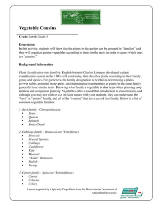 Vegetable Cousins 
Grade Level: Grade 3 
Description 
In this activity, students will learn that the plants in the garden can be grouped in “families” and 
they will organize garden vegetables according to their similar traits in order to guess which ones 
are “cousins.” 
Background Information 
Plant classification into families: English botanist Charles Linnaeus developed a plant 
classification system in the 1700s still used today, that classifies plants according to their family, 
genus and species. For gardeners, the family designation is helpful in determining a plants 
growth habits, potential insect pests, and maintenance requirements as plants in the same family 
generally have similar traits. Knowing what family a vegetable is also helps when planning crop 
rotation and companion planting. Vegetables offer a wonderful introduction to classification, and 
although you may not wish to use the latin names with your students, they can understand the 
“beet” or “potato” family, and all of the “cousins” that are a part of that family. Below is a list of 
common vegetable families: 
1. Beet family - Chenopodiaceae 
• Beets 
• Quinoa 
• Spinach 
• Swiss Chard 
2. Cabbage family - Brassicaceae (Cruciferae) 
• Broccoli 
• Brussel Sprouts 
• Cabbage 
• Cauliflower 
• Kale 
• Mustard 
• “Asian” Brassicas 
• Radish 
• Turnip 
3. Carrot family - Apiaceae (Umbelliferae) 
• Carrot 
• Celeriac 
• Celery 
Lesson supported by a Specialty Crops Grant from the Massachusetts Department of 
Agricultural Resources. 
 