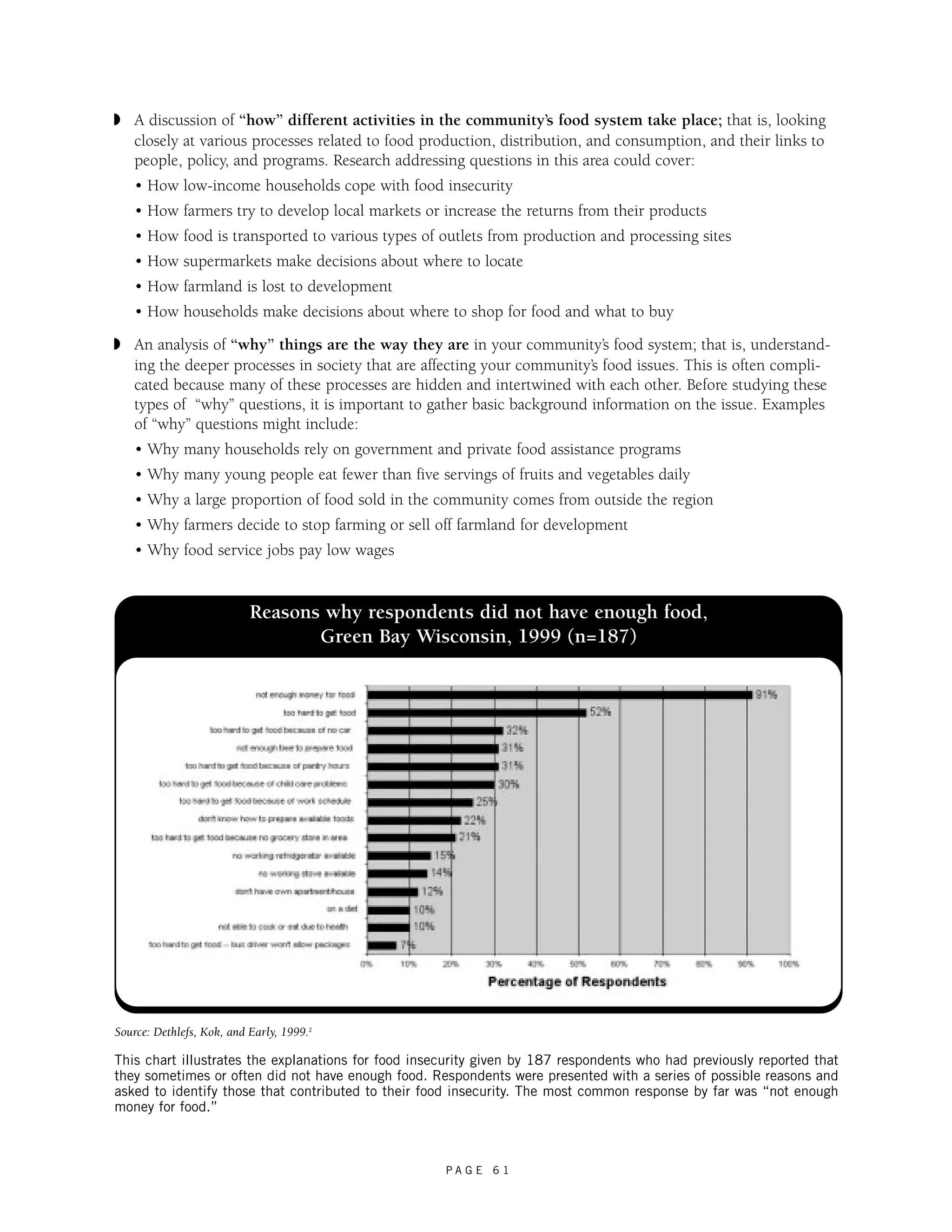 ◗ A discussion of “how” different activities in the community’s food system take place; that is, looking 
closely at various processes related to food production, distribution, and consumption, and their links to 
people, policy, and programs. Research addressing questions in this area could cover: 
• How low-income households cope with food insecurity 
• How farmers try to develop local markets or increase the returns from their products 
• How food is transported to various types of outlets from production and processing sites 
• How supermarkets make decisions about where to locate 
• How farmland is lost to development 
• How households make decisions about where to shop for food and what to buy 
◗ An analysis of “why” things are the way they are in your community’s food system; that is, understand-ing 
the deeper processes in society that are affecting your community’s food issues. This is often compli-cated 
because many of these processes are hidden and intertwined with each other. Before studying these 
types of “why” questions, it is important to gather basic background information on the issue. Examples 
of “why” questions might include: 
• Why many households rely on government and private food assistance programs 
• Why many young people eat fewer than five servings of fruits and vegetables daily 
• Why a large proportion of food sold in the community comes from outside the region 
• Why farmers decide to stop farming or sell off farmland for development 
• Why food service jobs pay low wages 
Reasons why respondents did not have enough food, 
Green Bay Wisconsin, 1999 (n=187) 
Source: Dethlefs, Kok, and Early, 1999.2 
This chart illustrates the explanations for food insecurity given by 187 respondents who had previously reported that 
they sometimes or often did not have enough food. Respondents were presented with a series of possible reasons and 
asked to identify those that contributed to their food insecurity. The most common response by far was “not enough 
money for food.” 
P A G E 6 1 
 