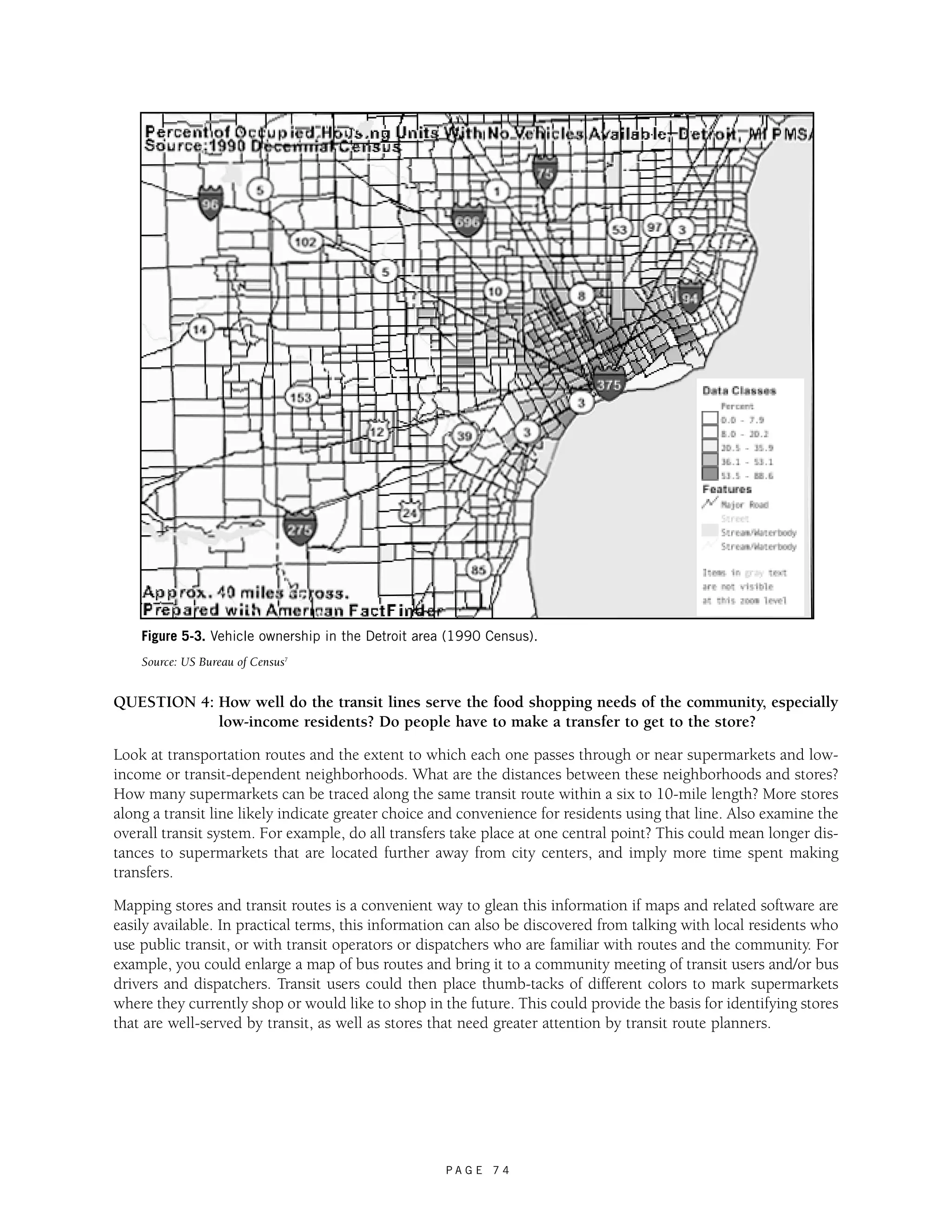 Figure 5-3. Vehicle ownership in the Detroit area (1990 Census). 
Source: US Bureau of Census7 
QUESTION 4: How well do the transit lines serve the food shopping needs of the community, especially 
low-income residents? Do people have to make a transfer to get to the store? 
Look at transportation routes and the extent to which each one passes through or near supermarkets and low-income 
or transit-dependent neighborhoods. What are the distances between these neighborhoods and stores? 
How many supermarkets can be traced along the same transit route within a six to 10-mile length? More stores 
along a transit line likely indicate greater choice and convenience for residents using that line. Also examine the 
overall transit system. For example, do all transfers take place at one central point? This could mean longer dis-tances 
to supermarkets that are located further away from city centers, and imply more time spent making 
transfers. 
Mapping stores and transit routes is a convenient way to glean this information if maps and related software are 
easily available. In practical terms, this information can also be discovered from talking with local residents who 
use public transit, or with transit operators or dispatchers who are familiar with routes and the community. For 
example, you could enlarge a map of bus routes and bring it to a community meeting of transit users and/or bus 
drivers and dispatchers. Transit users could then place thumb-tacks of different colors to mark supermarkets 
where they currently shop or would like to shop in the future. This could provide the basis for identifying stores 
that are well-served by transit, as well as stores that need greater attention by transit route planners. 
P A G E 7 4 
 