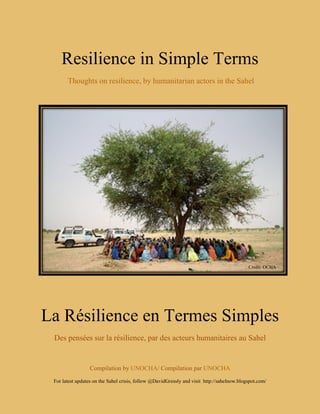 Resilience in Simple Terms 
Thoughts on resilience, by humanitarian actors in the Sahel 
Credit: OCHA 
La Résilience en Termes Simples 
Des pensées sur la résilience, par des acteurs humanitaires au Sahel 
Compilation by UNOCHA/ Compilation par UNOCHA 
For latest updates on the Sahel crisis, follow @DavidGressly and visit http://sahelnow.blogspot.com/  