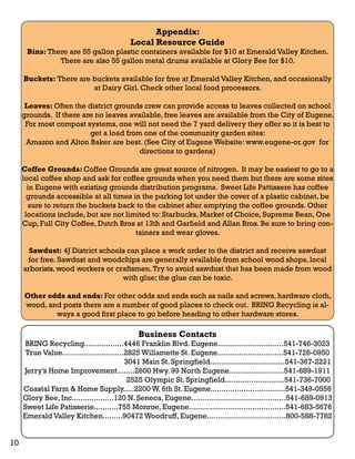 Appendix: 
Local Resource Guide 
Bins: There are 55 gallon plastic containers available for $10 at Emerald Valley Kitchen. 
There are also 55 gallon metal drums available at Glory Bee for $10. 
Buckets: There are buckets available for free at Emerald Valley Kitchen, and occasionally 
at Dairy Girl. Check other local food processors. 
Leaves: Often the district grounds crew can provide access to leaves collected on school 
grounds. If there are no leaves available, free leaves are available from the City of Eugene. 
For most compost systems, one will not need the 7 yard delivery they offer so it is best to 
get a load from one of the community garden sites: 
Amazon and Alton Baker are best. (See City of Eugene Website: www.eugene-or.gov for 
directions to gardens) 
Coffee Grounds: Coffee Grounds are great source of nitrogen. It may be easiest to go to a 
local coffee shop and ask for coffee grounds when you need them but there are some sites 
in Eugene with existing grounds distribution programs. Sweet Life Pattissere has coffee 
grounds accessible at all times in the parking lot under the cover of a plastic cabinet, be 
sure to return the buckets back to the cabinet after emptying the coffee grounds. Other 
locations include, but are not limited to: Starbucks, Market of Choice, Supreme Bean, One 
Cup, Full City Coffee, Dutch Bros at 13th and Garfield and Allan Bros. Be sure to bring con-tainers 
and wear gloves. 
Sawdust: 4J District schools can place a work order to the district and receive sawdust 
for free. Sawdust and woodchips are generally available from school wood shops, local 
arborists, wood workers or craftsmen. Try to avoid sawdust that has been made from wood 
with glue; the glue can be toxic. 
Other odds and ends: For other odds and ends such as nails and screws, hardware cloth, 
wood, and posts there are a number of good places to check out. BRING Recycling is al-ways 
a good first place to go before heading to other hardware stores. 
Business Contacts 
BRING Recycling..................4446 Franklin Blvd. Eugene..............................541-746-3023 
True Value............................2825 Willamette St. Eugene..............................541-726-0950 
3041 Main St. Springfield..................................541-367-2221 
Jerry’s Home Improvement........2600 Hwy. 99 North Eugene.........................541-689-1911 
2525 Olympic St. Springfield...........................541-736-7000 
Coastal Farm & Home Supply.....2200 W. 6th St. Eugene..................................541-349-0556 
Glory Bee, Inc...................120 N. Seneca, Eugene...........................................541-689-0913 
Sweet Life Patisserie...........755 Monroe, Eugene............................................541-683-5676 
Emerald Valley Kitchen.........90472 Woodruff, Eugene....................................800-588-7782 
10 
 