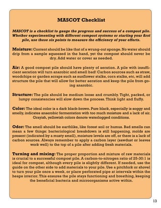 MASCOT Checklist 
MASCOT is a checklist to gauge the progress and success of a compost pile. 
Whether experimenting with different compost systems or starting your first 
pile, use these six points to measure the efficiency of your efforts. 
Moisture: Content should be like that of a wrung-out sponge. No water should 
drip from a sample squeezed in the hand, yet the compost should never be 
dry. Add water or cover as needed. 
Air: A good compost pile should have plenty of aeration. A pile with insuffi-cient 
aeration will turn anarobic and smell bad! Carbon sources such as straw, 
woodchips or garden scraps such as sunflower stalks, corn stalks, etc, will add 
structure the pile that will allow for better aeration and keep the pile from go-ing 
anarobic. 
Structure: The pile should be medium loose and crumbly. Tight, packed, or 
lumpy consistencies will slow down the process. Think light and fluffy. 
Color: The ideal color is a dark black-brown. Pure black, especially is soggy and 
smelly, indicates anaerobic fermentation with too much moisture and a lack of air. 
Grayish, yellowish colors denote waterlogged conditions. 
Odor: The smell should be earthlike, like forest soil or humus. Bad smells can 
mean a few things: bacteriological breakdown is still happening, molds are 
present (indicated by a musty smell), moisture levels are off, or there is a lack of 
carbon sources. Always remember to apply a carbon layer (sawdust or leaves 
work well) to the top of a pile after adding fresh materials. 
Turning and mixing: The proper proportion and mixture of raw materials 
is crucial to a successful compost pile. A carbon-to-nitrogen ratio of 25-30:1 is 
ideal for compost, although every pile is slightly different. If needed, use the 
guide on the other side to add materials to your pile. Use a pitchfork or shovel 
to turn your pile once a week, or place perforated pipe at intervals within the 
heaps interior. This ensures the pile stays functioning and breathing, keeping 
the beneficial bacteria and microorganisms active within. 
13 
 