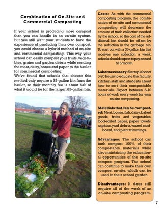 Costs: As with the commercial 
composting program, the combi-nation 
of on-site and commercial 
composting will decrease the 
amount of trash collection needed 
by the school, so the cost of the ad-ditional 
bin should be off-set by 
the reduction in the garbage bin. 
To start out with a 35-gallon bin that 
receives one collection a week, 
schools should expect to pay around 
$15/month. 
Labor necessary: Startup labor of 
5-20 hours to educate the faculty, 
kitchen staff and students about 
how to sort their compostable 
materials. Expect between 5-10 
hours of work every week for your 
on-site composting. 
Materials that can be compost-ed: 
Meat, bones, fish, dairy, baked 
goods, fruits and vegetables, 
food-soiled paper, paper towels, 
napkins, yard debris, waxed card-board, 
and plant trimmings. 
Advantages: The school can 
both compost 100% of their 
compostable materials while 
also maintaining the education-al 
opportunities of the on-site 
compost program. The school 
can continue to make their own 
compost on-site, which can be 
used in their school garden. 
Disadvantages: It does still 
require all of the work of an 
on-site composting program. 
Combination of On-Site and 
Commercial Composting 
If your school is producing more compost 
than you can handle in an on-site system, 
but you still want your students to have the 
experience of producing their own compost, 
you could choose a hybrid method of on-site 
and commercial composting. This way your 
school can easily compost your fruits, vegeta-bles, 
grains and garden debris while sending 
the meat, dairy, bones and paper to the hauler 
for commercial composting. 
We’ve found that schools that choose this 
method only require a 35-gallon bin from the 
hauler, so their monthly fee is about half of 
what it would be for the larger, 65-gallon bin. 
7 
 