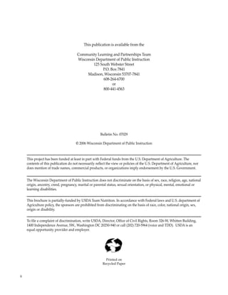 ii 
This publication is available from the 
Community Learning and Partnerships Team 
Wisconsin Department of Public Instruction 
125 South Webster Street 
P.O. Box 7841 
Madison, Wisconsin 53707-7841 
608-264-6700 
or 
800-441-4563 
Bulletin No. 07029 
© 2006 Wisconsin Department of Public Instruction 
This project has been funded at least in part with Federal funds from the U.S. Department of Agriculture. The 
contents of this publication do not necessarily reflect the view or policies of the U.S. Department of Agriculture, nor 
does mention of trade names, commercial products, or organizations imply endorsement by the U.S. Government. 
The Wisconsin Department of Public Instruction does not discriminate on the basis of sex, race, religion, age, national 
origin, ancestry, creed, pregnancy, marital or parental status, sexual orientation, or physical, mental, emotional or 
learning disabilities. 
This brochure is partially-funded by USDA Team Nutrition. In accordance with Federal laws and U.S. department of 
Agriculture policy, the sponsors are prohibited from discriminating on the basis of race, color, national origin, sex, 
origin or disability. 
To file a complaint of discrimination, write USDA, Director, Office of Civil Rights, Room 326-W, Whitten Building, 
1400 Independence Avenue, SW., Washington DC 20250-940 or call (202) 720-5964 (voice and TDD). USDA is an 
equal opportunity provider and employer. 
Printed on 
Recycled Paper 
 