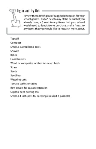 Dig in and Try this: 
Review the following list of suggested supplies for your 
school garden. Put a * next to any of the items that you 
already have, a $ next to any items that your school 
would need to fundraise to purchase, and a ? next to 
any items that you would like to research more about. 
Topsoil 
Compost 
Small 3-clawed hand tools 
Shovels 
Rakes 
Hand trowels 
Wood or composite lumber for raised beds 
Straw 
Seeds 
Seedlings 
Watering cans 
Tomato stakes or cages 
Row covers for season extension 
Organic seed sowing mix 
Small 3-4 inch pots for seedlings (reused if possible) 
 