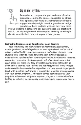 Dig in and Try this: 
Research and compare the pros and cons of various 
greenhouses using the sources suggested or others. 
Host a presentation with a local farmer or nursery about 
suggestions they might have for greenhouse design 
growing, or have students visit and interview them. 
Involve students in calculating soil quantity needs as a great math 
lesson. List anyone you know who composts and may be willing to 
donate some finished compost to your school garden: 
Gathering Resources and Supplies for your Garden: 
Your community can offer a wealth of information: local farmers, 
master gardeners, wood shop classes at local high schools and technical 
colleges, retired builders, handymen/women, and college students. Have 
students write letters to solicit donations from different sources for 
materials and supplies: school parent organizations, lumberyards, nurseries, 
excavation companies. Seeds companies will often donate new or last 
year’s seeds, just make sure they are viable (germination rates often go 
down after a year) so your students are not disappointed! Many colleges 
and universities have service-learning offices and may be able to put you in 
touch with a college student who is interested in interning or volunteering 
with your garden program. Some social service agencies such as GED 
programs, school-work programs may also put you in contact with those 
looking for volunteer or community service hours who may be able to help 
you. 
 