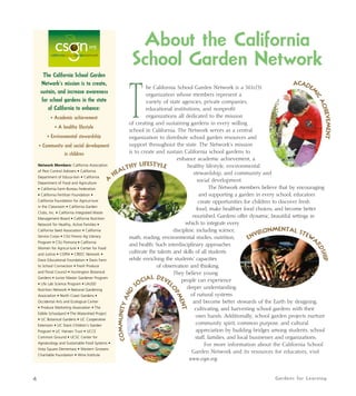 4 
About the California 
School Garden Network 
The California School Garden Network is a 501c(3) 
organization whose members represent a 
variety of state agencies, private companies, 
educational institutions, and nonprofit 
organizations all dedicated to the mission 
of creating and sustaining gardens in every willing 
school in California. The Network serves as a central 
organization to distribute school garden resources and 
support throughout the state. The Network’s mission 
is to create and sustain California school gardens to 
enhance academic achievement, a 
healthy lifestyle, environmental 
stewardship, and community and 
social development. 
Academic Achievement 
The Network members believe that by encouraging 
and supporting a garden in every school, educators 
create opportunities for children to discover fresh 
food, make healthier food choices, and become better 
nourished. Gardens offer dynamic, beautiful settings in 
which to integrate every 
discipline, including science, 
math, reading, environmental studies, nutrition, 
and health. Such interdisciplinary approaches 
cultivate the talents and skills of all students 
while enriching the students’ capacities 
of observation and thinking. 
They believe young 
people can experience 
deeper understanding 
of natural systems 
and become better stewards of the Earth by designing, 
cultivating, and harvesting school gardens with their 
own hands. Additionally, school garden projects nurture 
community spirit, common purpose, and cultural 
appreciation by building bridges among students, school 
staff, families, and local businesses and organizations. 
For more information about the California School 
Garden Network and its resources for educators, visit 
www.csgn.org. 
The California School Garden 
Network’s mission is to create, 
sustain, and increase awareness 
for school gardens in the state 
of California to enhance: 
• Academic achievement 
• A healthy lifestyle 
• Environmental stewardship 
• Community and social development 
in children 
Network Members: California Association 
of Pest Control Advisers • California 
Department of Educa-tion • California 
Department of Food and Agriculture 
• California Farm Bureau Federation 
• California Fertilizer Foundation • 
California Foundation for Agricul-ture 
in the Classroom • California Garden 
Clubs, Inc. • California Integrated Waste 
Management Board • California Nutrition 
Network for Healthy, Active Families • 
California Seed Association • California 
Service Corps • CSU Fresno Ag Literacy 
Program • CSU Pomona • California 
Women for Agricul-ture • Center for Food 
and Justice • COPIA • CREEC Network • 
Davis Educational Foundation • Davis Farm 
to School Connection • Fresh Produce 
and Floral Council • Huntington Botanical 
Gardens • Junior Master Gardener Program 
• Life Lab Science Program • LAUSD 
Nutrition Network • National Gardening 
Association • North Coast Gardens • 
Occidental Arts and Ecological Center 
• Produce Marketing Association • The 
Edible Schoolyard • The Watershed Project 
• UC Botanical Gardens • UC Cooperative 
Extension • UC Davis Children’s Garden 
Program • UC Hansen Trust • UCCE 
Common Ground • UCSC Center for 
Agroecology and Sustainable Food Systems • 
Vista Square Elementary • Western Growers 
Charitable Foundation • Wine Institute 
Gardens for Learning 
A Healthy Lifestyle 
Community and Social Development 
Environmental Stewardship 
 