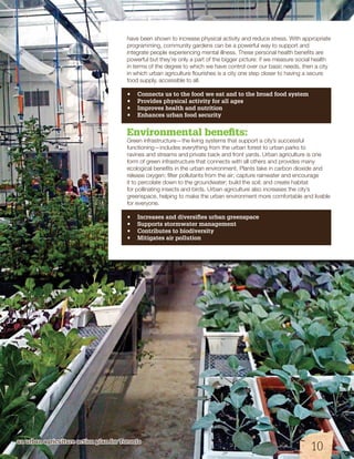 have been shown to increase physical activity and reduce stress. With appropriate 
programming, community gardens can be a powerful way to support and 
integrate people experiencing mental illness. These personal health benefits are 
powerful but they’re only a part of the bigger picture: if we measure social health 
in terms of the degree to which we have control over our basic needs, then a city 
in which urban agriculture flourishes is a city one step closer to having a secure 
food supply, accessible to all. 
• Connects us to the food we eat and to the broad food system 
• Provides physical activity for all ages 
• Improves health and nutrition 
• Enhances urban food security 
Environmental benefits: 
Green infrastructure—the living systems that support a city’s successful 
functioning—includes everything from the urban forest to urban parks to 
ravines and streams and private back and front yards. Urban agriculture is one 
form of green infrastructure that connects with all others and provides many 
ecological benefits in the urban environment. Plants take in carbon dioxide and 
release oxygen; filter pollutants from the air; capture rainwater and encourage 
it to percolate down to the groundwater; build the soil; and create habitat 
for pollinating insects and birds. Urban agriculture also increases the city’s 
greenspace, helping to make the urban environment more comfortable and livable 
for everyone. 
• Increases and diversifies urban greenspace 
• Supports stormwater management 
• Contributes to biodiversity 
• Mitigates air pollution 
an urban agriculture action plan for Toronto 
10 
 