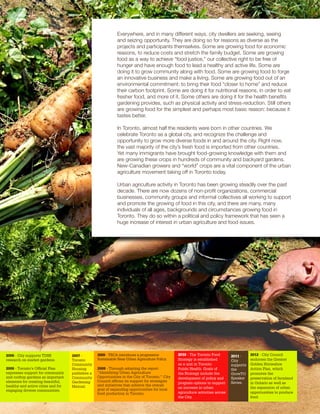 Everywhere, and in many different ways, city dwellers are seeking, seeing 
and seizing opportunity. They are doing so for reasons as diverse as the 
projects and participants themselves. Some are growing food for economic 
reasons, to reduce costs and stretch the family budget. Some are growing 
food as a way to achieve “food justice,” our collective right to be free of 
hunger and have enough food to lead a healthy and active life. Some are 
doing it to grow community along with food. Some are growing food to forge 
an innovative business and make a living. Some are growing food out of an 
environmental commitment: to bring their food “closer to home” and reduce 
their carbon footprint. Some are doing it for nutritional reasons, in order to eat 
fresher food, and more of it. Some others are doing it for the health benefits 
gardening provides, such as physical activity and stress-reduction. Still others 
are growing food for the simplest and perhaps most basic reason: because it 
tastes better. 
In Toronto, almost half the residents were born in other countries. We 
celebrate Toronto as a global city, and recognize the challenge and 
opportunity to grow more diverse foods in and around the city. Right now, 
the vast majority of the city’s fresh food is imported from other countries. 
Yet many immigrants have brought food-growing knowledge with them and 
are growing these crops in hundreds of community and backyard gardens. 
New-Canadian growers and “world” crops are a vital component of the urban 
agriculture movement taking off in Toronto today. 
Urban agriculture activity in Toronto has been growing steadily over the past 
decade. There are now dozens of non-profit organizations, commercial 
businesses, community groups and informal collectives all working to support 
and promote the growing of food in this city, and there are many, many 
individuals of all ages, backgrounds and circumstances growing food in 
Toronto. They do so within a political and policy framework that has seen a 
huge increase of interest in urban agriculture and food issues. 
2009 - TRCA introduces a progressive 
Sustainable Near-Urban Agriculture Policy. 
2006 - City supports TDSB 
research on market gardens. 
2007 - 
Toronto 
Community 
Housing 
publishes a 
Community 
Gardening 
Manual. 
2006 - Toronto’s Official Plan 
expresses support for community 
and rooftop gardens as important 
elements for creating beautiful, 
healthy and active cities and for 
engaging diverse communities. 
2009 - Through adopting the report 
“Identifying Urban Agriculture 
Opportunities in the City of Toronto,” City 
Council affirms its support for strategies 
and initiatives that achieve the overall 
goal of expanding opportunities for local 
food production in Toronto. 
2011 - 
City 
supports 
the 
GrowTO 
Speaker 
Series. 
2010 - The Toronto Food 
Strategy is established 
as a unit in Toronto 
Public Health. Goals of 
the Strategy include the 
development of policy and 
program options to support 
an increase in urban 
agriculture activities across 
the City. 
2012 - City Council 
endorses the Greater 
Golden Horseshoe 
Action Plan, which 
promotes the 
preservation of farmland 
in Ontario as well as 
the expansion of urban 
opportunities to produce 
food. 
 