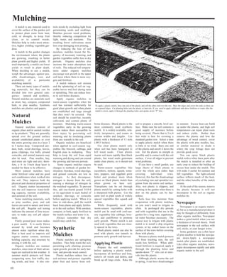 Mulching 
A mulch is any material used to 
cover the surface of the garden soil 
to protect plant roots from heat, 
cold, or drought, to keep fruit 
clean, or to control weeds. 
Mulches help to make more attrac-tive, 
higher yielding vegetable gar-dens. 
A mulch in the garden changes 
the environment where the plants 
are growing, resulting in better 
plant growth and higher yields. If 
used improperly, a mulch can lower 
yields or result in plant death. 
When deciding to use a mulch, 
weigh the advantages against pos-sible 
disadvantages, cost, and 
availability of a particular 
mulching material. 
There are many types of mulch-ing 
materials, but they can be 
divided into two general cate-gories: 
natural and synthetic. 
Natural mulches are materials such 
as straw, hay, compost, composted 
bark, or pine needles. Synthetic 
mulches are plastics and papers. 
Natural 
Mulches 
Natural mulches consist of 
organic plant and/or animal residue 
or by-products. They are generally 
spread over the ground surface 
around established plants or over 
the entire growing area in a layer 2 
to 5 inches deep. Composted saw-dust, 
bark, wood shavings, leaves, 
grass clippings, rice hulls, ground 
corncobs, and animal manures may 
also be used. Pine needles, hay, 
and straw are light and airy; there-fore, 
a 4- to 5-inch deep layer is 
needed for them to be effective. 
Most natural mulches have 
some fertilizer value and are good 
soil conditioners when worked into 
the soil. They improve both the 
physical and chemical properties of 
soil. Organic matter incorporated 
into the soil improves water-hold-ing 
capacity, nutrient availability, 
and aeration of the soil. 
Some mulching materials, such 
as pine needles, peat, and oak 
leaves are acid in nature and lower 
the soil pH. Regular soil testing 
indicates the amount of lime neces-sary 
to make any soil pH adjust-ment. 
Finely ground peat moss makes 
a poor mulch. It is easily blown 
around by wind and becomes 
almost water repellent when dry. 
Peat is best used to improve soil 
organic matter content, moisture 
holding capacity, and structure by 
mixing it with the soil. 
Organic mulches are summer 
mulches, since most of their advan-tages 
are realized in hot weather. A 
summer mulch protects soil from 
compacting rains, foot traffic, dry-ing 
winds, and heat. It also con-trols 
weeds by excluding light from 
germinating seeds and seedlings. 
Mulches prevent weed problems, 
thereby reducing competition for 
light, water, and nutrients. The 
resulting fewer cultivations mean 
less crop-damaging root pruning. 
By reducing the loss of soil 
moisture, mulches lessen the fre-quency 
of necessary watering, and 
garden vegetables suffer less in dry 
periods. Organic mulches also 
increase the water absorption rate 
of soils. The reduced soil tempera-tures 
under organic mulches 
encourage root growth in the upper 
soil layer where there is more oxy-gen 
and fertilizer. 
A mulch reduces soil erosion 
and the splattering of soil on veg-etable 
leaves and fruit during rains 
or sprinkling. This can reduce loss-es 
to soil-borne diseases. 
Apply organic mulches to 
warm-season vegetables when the 
soil has warmed sufficiently for 
good plant growth and when plants 
are established and large enough 
that they won’t be covered. The 
soil should be weed-free, recently 
cultivated, and contain plenty of 
moisture. Mulching warm-season 
vegetables early in the growing 
season makes them susceptible to 
frost injury by preventing soil 
warming and by insulating plants 
from any warmth in the soil. 
Organic mulches are beneficial 
when applied to cool-season veg-etables 
like broccoli, cabbage, and 
English peas in midspring. They 
help to keep the soil from rapid 
warming and drying and can extend 
the growing and harvest periods. 
Some organic mulches require 
changes in methods of garden fer-tilization. 
Sawdust, wood shavings, 
and ground corncobs are low in 
nitrogen. As they decompose, 
nitrogen is drawn from the soil, 
causing a shortage of nitrogen in 
the mulched vegetables. To prevent 
this, add one-fourth pound 34-0-0 
or its equivalent to each bushel of 
sawdust, shavings, or corncobs 
before applying mulch. When it is 
time to side-dress, pull the mulch 
back from plants and apply fertiliz-er 
to the soil surface. With sawdust, 
compost, or bark, apply fertilizer to 
the mulch surface and water it in. 
Always remember that dry 
mulch may catch fire. 
Synthetic 
Mulches 
Plastic mulches are springtime 
mulches. They help warm the soil, 
permitting early planting; promote 
rapid growth; provide for early har-vest; 
and provide weed control. 
Plastic mulches reduce loss of 
soil moisture and protect vegetable 
plant fruit and leaves from soil-borne 
To apply a plastic mulch, bury one end of the plastic and roll the other end over the row. Bury the edges and cover the ends so there are 
no exposed edges. Cut planting holes into the plastic at intervals. If you need to apply additional side-dress fertilizer or water after the 
mulch is down, apply it through the planting holes and upside-down “T” slits. 
diseases. Black plastic is the 
most commonly used synthetic 
mulch. It is widely available, rela-tively 
inexpensive, and comes in 
various widths and lengths. Use 
plastic with a thickness of 11⁄2 mils 
(.0015 inches). 
Use clear plastic mulch only 
when soil has been fumigated to 
kill weed seeds. Clear plastic 
warms soil more rapidly than black 
plastic, but weed seeds germinate 
under clear plastic, so it should not 
be used. 
Warm-season vegetables like 
cucumbers, melons, squash, toma-toes, 
peppers, and eggplant grow 
better and produce more when 
grown on black plastic mulch than 
when grown on bare soil. 
Transplants can be set through 
plastic mulch by cutting holes with 
a sharpened bulb planter. Use the 
same tool to plant seeds of widely 
spaced vegetables like squash and 
melons. 
While frequently used with 
warm-season vegetables, plastic 
mulch can be used with cool-sea-son 
vegetables like cabbage, broc-coli, 
and cauliflower to promote 
early growth. Plastic mulch is not 
used with vegetables that are close-ly 
spaced in the rows. 
Black plastic mulch can also be 
used with plastic row tunnels to 
promote early growth and harvest. 
Applying Plastic 
Prepare the soil completely 
before applying a plastic mulch. 
Incorporate all fertilizer and lime, 
remove all weeds and debris, and 
break up all large clods. Rake the 
soil to prepare a smooth, level sur-face. 
Make sure the soil contains a 
good supply of moisture before 
being covered. Plastic that is 3 to 4 
feet wide is best for covering a 
standard garden row. Select a time 
to apply plastic mulch when there 
is little or no wind. Bury one end 
of the plastic and unroll it down the 
row. Get the plastic as straight as 
possible and in contact with the soil 
surface. Cover all edges to prevent 
wind problems. 
If you have a small garden, use 
large sheets of black plastic to 
cover the whole area rather than 
covering individual rows. 
However, this has the disadvantage 
of excluding rain and sprinkler irri-gation 
from the entire soil surface. 
Also, wet plastic is slippery, and 
working in the garden when there is 
dew on the plastic can be haz-ardous. 
Soils lose less moisture from 
evaporation with plastic mulches, 
so you won’t need to irrigate as 
often. In prolonged dry periods 
and with vegetables that are in the 
garden for a long time, supplemen-tal 
water becomes necessary. The 
easiest way to irrigate with plastic 
mulch is to install a drip irrigation 
system, or lay soaker hoses on the 
surface of the rows before covering 
them with plastic. 
Because a plastic mulch protects 
soil from leaching rain, the soil 
needs less fertilizer. When addi-tional 
fertilizer is required, apply it 
through the planting holes and 
upside-down “T” slits cut at inter-vals 
into the plastic. 
Although plastic warms the soil 
in spring, it can have disadvantages 
in summer. Excess heat can build 
up under the plastic, and high soil 
temperatures can injure plant roots 
and reduce yields. Rather than 
remove the plastic and lose the 
advantage of weed control, cover 
the plastic with pine needles, hay, 
or similar material to shade it 
where the crop foliage does not 
provide good cover. 
You can spray black plastic 
mulch with a white latex paint after 
the mulch is installed or after an 
early crop to reduce the buildup of 
excess heat under the mulch. This 
will make it useful for summer and 
fall vegetables. The light-colored 
surface reflects much of the heat, 
and the other benefits of the mulch 
remain. 
At the end of the season, remove 
the plastic because it will not 
decompose in the soil as organic 
mulches do. 
Newspaper 
Newspaper is an organic materi-al, 
but as a manufactured product it 
may be thought of differently from 
other organic mulches. Newspaper 
makes a good mulch when you use 
a thickness of several sheets. Hold 
newspaper to the soil surface with 
soil, sticks, or coat hanger wires. 
Some gardeners use a thin layer 
of pine needles to hold the newspa-per 
down.Apply a newspaper 
mulch after plants are established. 
Like other organic mulches, news-paper 
decomposes rapidly and adds 
organic matter to the soil. 
10 
 