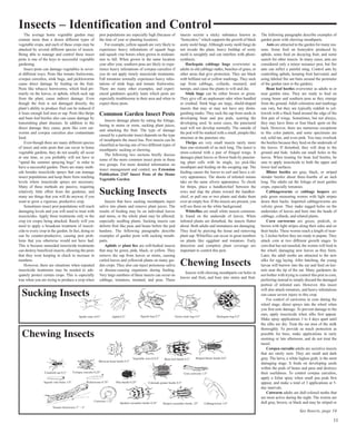 Insects – Identification and Control 
The average home vegetable garden may 
contain more than a dozen different types of 
vegetable crops, and each of these crops may be 
attacked by several different species of insects. 
Being able to manage and control these insect 
pests is one of the keys to successful vegetable 
gardening. 
Insect pests can damage vegetables in sever-al 
different ways. Pests like tomato fruitworms, 
cowpea curculios, stink bugs, and pickleworms 
cause direct damage by feeding on the fruit. 
Pests like tobacco hornworms, which feed pri-marily 
on the leaves, or aphids, which suck sap 
from the plant, cause indirect damage. Even 
though the fruit is not damaged directly, the 
plant’s ability to produce fruit can be reduced if 
it loses enough leaf area or sap. Pests like thrips 
and bean leaf beetles also can cause damage by 
transmitting plant diseases. In addition to the 
direct damage they cause, pests like corn ear-worms 
and cowpea curculios also contaminate 
food. 
Even though there are many different species 
of insect and mite pests that can occur in home 
vegetable gardens, they do not usually all occur 
at one time, so you probably will not have to 
“spend the summer spraying bugs” in order to 
have a successful garden. There are many meth-ods 
besides insecticide sprays that can manage 
insect populations and keep them from reaching 
levels where insecticide sprays are necessary. 
Many of these methods are passive, requiring 
relatively little effort from the gardener, and 
many are things that you will do anyway if you 
want to grow a vigorous, productive crop. 
Sometimes insect pest populations will reach 
damaging levels and you will need to treat with 
insecticides. Apply these treatments only to the 
crop (or crops) being attacked. Rarely will you 
need to apply a broadcast treatment of insecti-cide 
to every crop in the garden. In fact, doing so 
can be counter-productive, causing pest prob-lems 
that you otherwise would not have had. 
This is because unneeded insecticide treatments 
can destroy beneficial insects, allowing the pests 
that they were keeping in check to increase in 
numbers. 
However, there are situations when repeated 
insecticide treatments may be needed to ade-quately 
protect certain crops. This is especially 
true when you are trying to produce a crop when 
pest populations are especially high (because of 
the time of year or planting location). 
For example, yellow squash are very likely to 
experience heavy infestations of squash bugs 
and squash vine borers when grown in midsum-mer 
to fall. When grown in the same location 
year after year, southern peas are likely to expe-rience 
heavy infestations of cowpea curculios if 
you do not apply timely insecticide treatments. 
Fall tomatoes normally experience heavy infes-tations 
of stink bugs and tomato fruitworms. 
There are many other examples, and experi-enced 
gardeners quickly learn which pests are 
especially troublesome in their area and when to 
expect these pests. 
Common Garden Insect Pests 
Insects damage plants by eating the foliage, 
boring in stems or roots, sucking plant juices, 
and attacking the fruit. The type of damage 
caused by a particular insect depends on the type 
of mouthparts the insect has. Pest insects can be 
classified as having one of two different types of 
mouthparts: sucking or chewing. 
The following two sections briefly discuss 
some of the more common insect pests in these 
two groups. For more detailed information on 
insect management and control, see Extension 
Publication 2347 Insect Pests of the Home 
Vegetable Garden. 
Sucking Insects 
Insects that have sucking mouthparts inject 
saliva into plants and remove plant juices. The 
results of feeding may be on individual leaves 
and stems, or the whole plant may be affected, 
especially seedling plants. Sucking insects can 
deform fruit like peas and beans before the pod 
hardens. The following paragraphs describe 
examples of garden pests with sucking mouth-parts. 
Aphids or plant lice are soft-bodied insects 
that may be green, pink, black, or yellow. They 
remove the sap from leaves or stems, causing 
curled leaves and yellowish plants on many gar-den 
crops. They also can inject poisonous saliva 
or disease-causing organisms during feeding. 
Very large numbers of these insects can occur on 
cabbage, tomatoes, mustard, and peas. These 
insects secrete a sticky substance known as 
“honeydew,” which supports the growth of black 
sooty mold fungi. Although sooty mold fungi do 
not invade the plant, heavy buildup of sooty 
mold is unsightly and can interfere with photo-synthesis. 
Harlequin cabbage bugs overwinter as 
adults in old cabbage stalks, bunches of grass, or 
other areas that give protection. They are black 
with brilliant red or yellow markings. They suck 
sap from cabbage, collards, mustard, and 
turnips, and cause the plants to wilt and die. 
Stink bugs can be either brown or green. 
They give off an unpleasant odor when handled 
or crushed. Stink bugs are large, shield-shaped 
insects that may or may not have any distin-guishing 
marks. They suck the sap from seeds in 
developing bean and pea pods, scarring the 
developing seed. In some cases, the punctured 
seed will not develop normally. The outside of 
the pod will be marked with a small, pimple-like 
structure at the puncture site. 
Thrips are very small insects rarely more 
than one-sixteenth of an inch long. The insect is 
straw-colored with a pair of fringed wings. It 
damages plant leaves or flower buds by punctur-ing 
plant cells with its single, ice pick-like 
mouthpart and feeding on the escaping sap. The 
feeding causes the leaves to curl and have a sil-very 
appearance. The shoots of infested onions 
take on the same silvery appearance. To check 
for thrips, place a handkerchief between the 
rows and slap the plants toward the handker-chief, 
or pull one or two plants and shake them 
over an empty box. If the insects are present, you 
will see them on the white background. 
Whiteflies are small white insects common-ly 
found on the underside of leaves. When 
infested plants are disturbed, the insects flutter 
about. Both adults and immatures are damaging. 
They feed by piercing the tissue and removing 
plant sap. Whiteflies can occur in great numbers 
on plants like eggplant and tomatoes. Early 
detection and complete plant coverage are 
important to control this pest. 
Chewing Insects 
Insects with chewing mouthparts cut holes in 
leaves and fruit, and bore into stems and fruit. 
The following paragraphs describe examples of 
garden pests with chewing mouthparts. 
Ants are attracted to the garden for many rea-sons. 
Some feed on honeydew produced by 
aphids, some feed on decaying fruit, and some 
search for other insects. In many cases, ants are 
considered only a minor nuisance pest, but fire 
ants can inflict a painful sting. Control ants by 
controlling aphids, keeping fruit harvested, and 
using labeled fire ant baits around the perimeter 
of the garden (not in the garden). 
Bean leaf beetles overwinter as adults in or 
near garden sites. They are ready to feed on 
young beans and southern peas as they emerge 
from the ground. Adult coloration and markings 
can vary, but they are typically reddish to yel-lowish 
with a black band around the edge of the 
first pair of wings. Sometimes, but not always, 
they may have three or four black spots on the 
back. However, there are numerous exceptions 
to this color pattern, and some specimens are 
red, solid tan, and even pink. You may overlook 
the beetles because they feed on the underside of 
the leaves. If disturbed, they will drop to the 
ground and hide. Adults eat small holes in the 
leaves. When treating for bean leaf beetles, be 
sure to apply insecticide to both the upper and 
lower leaf surfaces. 
Blister beetles are gray, black, or striped 
slender beetles about three-fourths of an inch 
long. The adults eat the foliage of most garden 
crops, especially tomatoes. 
Cabbageworms or cabbage loopers are 
pale green measuring worms with light stripes 
down their backs. Imported cabbageworms are 
velvety green. They make ragged holes on the 
undersides of leaves and bore into the heads of 
cabbage, collards, and related plants. 
Corn earworms are green, pinkish, or 
brown with light stripes along their sides and on 
their backs. These worms reach a length of near-ly 
2 inches before they are ready to pupate. They 
attack corn at two different growth stages. In 
corn that has not tasseled, the worms will feed in 
the whorl, damaging new leaves as they form. 
Later, the adult moths are attracted to the new 
silks for egg laying. After hatching, the young 
larvae will burrow into the ear and feed on ker-nels 
near the tip of the ear. Many gardeners do 
not bother with trying to control this pest in corn, 
preferring instead to simply discard the damaged 
portion of infested ears. However, this insect 
will also attack tomatoes, and heavy infestations 
can cause severe injury to this crop. 
For control of earworms in corn during the 
whorl stage, direct sprays into the whorl when 
you first note damage. To prevent damage to the 
ears, apply insecticide when silks first appear. 
Make spray applications 3 to 4 days apart until 
the silks are dry. Treat the ear area of the stalk 
thoroughly. To provide as much protection as 
possible for bees, make applications in early 
morning or late afternoon, and do not treat the 
tassel. 
Cowpea curculio adults are secretive insects 
that are rarely seen. They are small and dark 
gray. The larva, a white legless grub, is the most 
damaging stage. It feeds on developing seeds 
within the pods of beans and peas and destroys 
their usefulness. To control cowpea curculios, 
apply a foliar spray when small pea pods first 
appear, and make a total of 3 applications at 5- 
day intervals. 
Cutworm adults are dull-colored moths that 
are most active during the night. The worms are 
dull gray, brown, or black and may be striped or 
Sucking Insects 
Spider mite 0.01” Aphid 0.2” Squash bug 0.7” Green stink bug 0.5” Harlequin bug 0.5” 
Chewing Insects 
Mexican bean beetle 0.3” 
Cornfield ant 0.2” Cowpea curculio 0.25” 
Striped Vegetable weevil 0.4” Bean leaf beetle 0.2” blister beetle 0.6” 
Corn earworm 1.5” 
Spotted cucumber beetle 0.25” Striped cucumber beetle .25” 
Tomato hornworm 3” - 4” 
Cabbageworm 1.0” 
Squash vine borer 1.0” Pickleworm 0.75” Flea beetle 0.25” Colorado potato beetle 0.5” 
Cutworm 1.25” 
See Insects, page 14 
11 
 