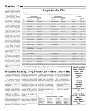 Design your garden to meet your 
needs. Careful planning reduces 
work and can make the garden more 
productive. Planting seeds and 
plants at random frequently results 
in waste and disappointment. 
Consider the selected method of 
cultivation in designing your gar-den. 
Where the work is done with a 
tractor, long rows are practical; but 
when cultivation is by hand, short 
rows give a sense of accomplish-ment 
as work on each is completed. 
Consider the slope of the land; 
run rows at right angles to the slope, 
especially on sandy-textured soils 
that tend to wash and erode. Where 
the land is uneven, contour the rows. 
Rows for vegetables with small 
plants (carrots, onions, radishes, and 
others) can be closer together for 
hand cultivation than for power 
equipment. Planting double rows or 
a broad band on a bed can increase 
the yield from a small garden plot. 
Closely spaced rows and vegetable 
plants help shade out weeds, but the 
close spacing makes weeding diffi-cult 
when plants are small. 
Closely spaced plants reduce 
water loss from the soil surface by 
protecting the surface from drying 
winds and hot sun. The reduced air 
movement, however, may increase 
chances for diseases. 
Plant perennial vegetables like 
asparagus where they won’t inter-fere 
with yearly land preparation. 
Plant season-long vegetables like 
tomatoes, okra, peppers, and egg-plant 
together where they won’t 
interfere with short-term vegetables 
and replanting. Plant corn, okra, 
pole beans, tomatoes, and other tall 
vegetables so they won’t shade or 
interfere with the growth of shorter 
vegetables. 
Sweet corn produces fuller ears 
when planted in a block of rows than 
20 x 50 feet 
1,000 square feet—Row 1 is located 12 inches from the edge of the garden, and all rows are 36 inches apart. Rows are 20 feet long. 
Spring Planting Summer Planting Fall Planting 
Row Vegetable Date Vegetable Date Vegetable Date 
1 Onions (plants) Feb.-March Bush Lima Beans June-July Spinach Sept.-Oct. 
2 Cabbage (plants) Feb.-March Bush Lima Beans June-July Beets/Chard Sept.-Oct. 
3 English Peas Jan.-Feb. Cucumbers May-June Mustard Sept.-Oct. 
4 English Peas Jan.-Feb. (leave unplanted) Cabbage Aug.-Sept. 
5 Lettuce Feb.-March Summer Squash May-June Cauliflower Aug.-Sept. 
6 Beets/Chard Feb.-March (leave unplanted) Turnips Sept. 
7 Mustard/Turnips Feb.-March Southern Peas May-June Carrots Sept. 
8 Broccoli (plants) Feb.-March Southern Peas May-June Lettuce Sept. 
9 Bush Snap Beans March-April (leave unplanted) Broccoli Aug.-Sept. 
10 Bush Snap Beans March-April (leave unplanted) Broccoli Aug.-Sept. 
11 Bell Peppers/ 
in a long single row because of bet-ter 
pollination. When possible, 
group vegetables according to their 
Sample Garden Plan 
Planting Planting Planting 
lime and fertilizer needs, and treat 
accordingly. Southern peas, lima 
beans, snap beans, and peanuts do 
not require as much nitrogen fertil-izer 
as some other vegetables. 
Eggplant (plants) April-May 
12 Tomatoes (plants) April-May 
13 (leave unplanted) (leave unplanted) Cucumbers Aug. 
14 Sweet Corn March-April (leave unplanted) Bush Snap Beans Aug. 
15 Sweet Corn March-April (leave unplanted) Bush Snap Beans Aug. 
16 Sweet Corn March-April Tomatoes (plants) July-Aug. 
17 Okra April-May Collards Oct. 
Garden Plan 
Spring Planting 
onions, cabbage, 
lettuce, corn, 
tomatoes, 
peppers, 
eggplant 
Summer 
Planting 
lima beans, 
squash, 
cucumbers, peas, 
okra 
Fall Planting 
spinach, mustard, 
turnips, 
cauliflower, 
carrots, broccoli, 
beets 
Successive Planting, Long Season Can Reduce Garden Size 
Gardening in Mississippi provides 
the opportunity to have something in 
the garden almost every month of the 
year. 
The long growing season com-bined 
with successive plantings 
(growing more than one vegetable in 
the same space during the year) 
enables gardeners to reduce the size 
of their gardens. 
As soon as one vegetable is har-vested, 
clear the space and prepare to 
plant another vegetable. Empty row 
space produces nothing and provides 
a place for weeds to grow, while a 
small garden intensively planted and 
managed can be very productive. 
For example, follow a spring plant-ing 
of English peas with a late spring 
planting of cucumbers; then replant 
the space with fall bush snap beans, 
leafy greens, or late southern peas. 
Another example is to follow early 
sweet corn with winter squash and 
pumpkins in early July. Spring Irish 
potatoes can be followed by lima 
beans or southern peas, which are fol-lowed 
by fall greens. 
Practice crop rotation (planting 
nonrelated plants in the same location 
in successive plantings) where garden 
space permits. Crop rotation is a good 
practice to follow when you use the 
same garden site for several years 
because it helps prevent the buildup 
of diseases in the garden soil. 
When growing only for fresh use, 
make small successive plantings of 
vegetables like snap beans, sweet 
corn, lettuce, radishes, leafy greens, 
and southern peas. Planting at 2-week 
intervals provides continuous fresh 
vegetables. 
Plant only as much as your family 
can eat before the next planting 
begins to produce. If you plan to can 
and freeze as well as use fresh vegeta-bles, 
plant more vegetables at one 
time to provide enough at harvest for 
preserving. 
Expected yields are given for the 
different vegetables in the Planting 
Guide on page 7. Keep in mind that the 
yields given for some vegetables 
(tomatoes, peppers, okra, pole beans, 
and eggplant, for example) are for 
multiple harvests over a period of time. 
Vegetables with extended harvest 
periods require only one planting dur-ing 
the season. However, with toma-toes, 
peppers, and eggplant, a second 
planting made in midsummer pro-vides 
good quality vegetables for har-vest 
in fall. 
A second planting of okra, about 6 
weeks after the first planting, has 
some benefit for late-season harvest, 
but you can get the same benefit by 
cutting the first planting back to a 
height of 3 to 4 feet in late summer. 
Plant your garden according to a 
detailed plan on paper. A finished gar-den 
plan shows these things: 
• which vegetables to grow 
• number of different plantings of 
each vegetable 
• time and location of each planting 
• distance each row is to be planted 
from one end of the garden. 
Related Vegetable Groups 
Tomato Snap Bean Cucumber Cabbage 
Eggplant Lima Bean Squash Broccoli 
Irish Potato Peanut Pumpkin Turnip 
Pepper Southern Pea Muskmelon Mustard 
Watermelon Collard 
2 
 