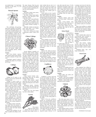 son; medium large, 7- to 8-inch head; 
minimum of side shoots; 75 to 89 
days; AAS 1975. 
Brussels Sprouts 
This cold-hardy, slow-growing, 
long-season vegetable is not frequent-ly 
grown in Mississippi gardens. The 
cool weather of neither spring nor fall 
is long enough for maximum yields. 
When attempting a spring crop, set 
plants early and side-dress as soon as 
active plant growth begins and again 
when sprouts form. For a fall crop, 
start plants in midsummer. Set plants 
24 inches apart and keep them 
watered. Sprouts develop where 
leaves join the main stem. As sprouts 
develop, do not remove leaves. Lower 
sprouts mature first, and you can cut 
leaves when you harvest sprouts. Heat 
causes soft sprouts. Aphids often 
infest developing sprouts, making 
them inedible. 
Varieties 
Jade Cross—hybrid; vigorous 
plant; uniform sprouts closely spaced; 
11⁄2 inches in diameter; 90 days; AAS 
1959. 
Long Island—sprouts 11⁄2 inches in 
diameter; firm; plants 32 to 34 inches 
tall; 90 days. 
Cabbage 
Cabbage can be green or red, 
smooth or curly (savoy), and have flat 
or pointed heads. 
Cabbage is grown exactly as 
described for broccoli in both spring 
and fall. When purchasing cabbage 
plants in spring, beware of large 
plants or those with stems as large as 
a pencil. Bundled, bare-root trans-plants 
with large, woody stems may 
flower without forming a head. 
When growing transplants, select 
varieties that mature over several 
weeks to extend the harvest season 
from a single planting. Also, pur-chased 
transplants of a non-hybrid 
(open-pollinated) variety mature over 
several weeks. Use starter solution 
(page 9) when setting transplants in 
the garden. 
As cabbage matures, head-split-ting 
results from the pressure of 
water taken up by the plants after the 
heads are solid. Soft heads indicate 
lack of maturity. 
Serious insect problems for cab-bage 
are aphids and cabbage worms. 
The major diseases, black leg and 
black rot, are seed-borne and difficult 
to control except by purchasing dis-ease- 
free seeds and plants. 
Varieties 
Red Head—hybrid; main season; 
red; 85 days; AAS 1971. 
Rio Verde—hybrid; heads slightly 
flattened; strong blue-green; main 
season late; 85 days. 
Round Dutch—open-pollinated; 
old, popular garden variety; most 
commonly sold as transplants; main 
season; round, green head; tolerant to 
cold weather; resistant to bolting; 75 
days. 
Ruby Ball—hybrid; very deep red; 
solid, round head; 5 to 6 inches 
across; 70 days; AAS 1972. 
Savoy Ace—hybrid; savoy heads 
of deep green; round; 78 days; AAS 
1977. 
Chinese Cabbage 
Several different vegetables are 
commonly called Chinese cabbage. 
There are both heading and nonhead-ing 
types. Michihli types form tall, 
cylindrical heads. A second type, 
Napa, forms heads similar to loose 
heads of savoy cabbage. A third type, 
Pak Choi or Bok Choi, often called 
celery cabbage, resembles swiss 
chard and is nonheading. All types 
rapidly go to seed in warm weather, 
which makes them better suited for 
fall rather than spring gardens. Sow 
seeds in early fall and thin seedlings 
to stand 8 to 12 inches apart. It is 
important that the plant growth not be 
interrupted. 
Varieties 
China Express—hybrid; early, 
slow-bolting Napa type; for spring 
planting; disease resistant. 
China Pride—hybrid; rugged 
Napa type; best for fall; broad, large 
heads; good, dark green color; disease 
tolerant. 
Monument—hybrid; Michihili 
type; 18 inches tall; dense head with 
deep green outer color and white inte-rior; 
80 days. 
What-A Joy—Pac Choi hybrid; 
Joy Choi is white-stalked. 
Carrots 
Mississippi’s 
high clay content, poorly 
drained soils are not suited for 
developing long, straight carrots, so 
select varieties that are only 6 to 8 
inches long. Carrots are sensitive to 
acid soils. Raised beds filled with 
improved soil allow you to grow car-rots 
where they wouldn’t grow in 
native soil. 
Carrot seeds are slow to germi-nate, 
and germination may not be uni-form. 
Hard, packing rains following 
planting and before germination result 
in a poor stand or no stand at all. Mix 
some radish seeds with carrot seeds to 
mark the row. Carrot seeds germinate 
best in a warm, moist soil. Cover the 
planted row with clear plastic or a 
floating row cover to help get a good 
stand. Remove the plastic immediate-ly 
after germination, but you can 
leave the polyester row cover over the 
seedlings until they make some 
growth. To aid emergence, cover the 
seeds with a noncrusting material like 
sawdust, sand, or vermiculite, and 
keep the newly seeded row moist. 
Thin seedlings to stand about 2 inches 
apart. 
Green shoulders on carrots result 
from sunburn. Pull a little soil to the 
row when cultivating to keep carrots 
covered. Misshapen, twisted, and 
forked carrots result from clay soils, 
sticks, roots, stones, or root knot 
nematodes. 
Varieties 
Danvers 126—fresh use and pro-cessing 
type; tolerates high tempera-tures; 
moderately tapered; stump root 
6 to 8 inches long; broad shoulder; 
open pollinated; 75 days. 
Red Cored Chantenay—process-ing 
type; choice for heavy soils; 
tapered; short, thick stump root; 4 to 6 
inches long; heavy shoulder; 68 days. 
Cauliflower 
Cauliflower is grown much like 
broccoli and cabbage, but plants are 
less tolerant of heat and cold. Start 
from transplants in spring. Direct seed 
or use transplants in fall. Select early 
maturing varieties to avoid late spring 
heat and late fall cold. Cauliflower 
plants are more sensitive to spring 
freezes than broccoli or cabbage. 
Cauliflower plants must be kept 
growing vigorously from germination 
through harvest. Any interruption in 
growth caused by drought, heat, or 
cold can cause the edible head to fail 
to develop (button). Use a starter solu-tion 
(page 9) when setting plants in 
the garden. 
Some of the new cauliflower 
hybrids are self-blanching (leaves 
fold over developing head), eliminat-ing 
the need for tying outer leaves to 
ensure a white head. With nonself-blanching 
types, tie the large outer 
leaves loosely together over the center 
of the plant when the small head is 2 
to 3 inches in diameter. The head 
should be ready to harvest 7 to 12 
days after tying the leaves. Cut the 
head before it develops a coarse, ricey 
appearance. Cauliflower plants make 
only a single head. Downy mildew 
can be a serious disease problem. 
Aphids, cabbage loopers, and import-ed 
cabbage moths are major insect 
pests. 
Varieties 
Majestic—hybrid; earlier than 
Snow Crown; heads 7 inches across; 
66 days. 
Snow Crown—hybrid; early 
Snowball type; white heads up to 8 
inches across; 68 days; AAS 1975. 
Snow King—hybrid; extra early; 
withstands heat; ideal for fall; 60 
days; AAS 1969. 
Swiss Chard 
Swiss chard is a 
close relative of the 
garden beet that 
does not develop 
an edible root. 
Grow chard just 
like beets, but 
space the plants 4 
to 6 inches apart in the row. 
Harvest chard by cutting the entire 
plant or by removing the large outer 
leaves, leaving the smaller leaves to 
develop for future harvests. If wa-tered, 
spring-planted chard may sur-vive 
the summer to produce leaves for 
fall harvest. The green portion of the 
leaf can be stripped off, leaving the 
broad mid-rib, which can be steamed 
and eaten like asparagus. 
There are several varieties of 
chard; the biggest difference among 
them is that some varieties have 
brightly colored stems. The red-stemmed 
varieties may be mistaken 
for rhubarb but cannot be used as a 
rhubarb substitute. 
Because of its upright growth and 
large, attractive leaves, chard can be 
used as an ornamental in borders and 
display beds. 
Varieties 
Bright Lights—red, yellow, pur-ple, 
and green petioles. 
Lucullus—early; leaves crumpled; 
dark green; broad, pale-green petiole. 
Rhubarb—crimson stalks; leaves 
dark green; heavily crumpled. 
Collards 
This leafy green seems to be in 
gardens year-round but is at its best in 
spring and fall during cool weather. 
Early spring plantings produce edible 
leaves right through summer if 
watered and fertilized, and if insects 
are controlled. 
Some gardeners prefer to harvest 
the large, mature lower leaves, leav-ing 
young leaves and the growing bud 
to produce more leaves for later har-vests. 
Other gardeners harvest leaves 
from young plants by cutting them 
from the plants, leaving the growing 
buds to produce leaves for later har-vests. 
Collard seeds are sometimes 
planted in May, June, or July for sum-mer 
transplants and fall harvest. 
Collards are relatively heavy feed-ing 
plants and require side-dressing 
with a nitrogen fertilizer. The most 
popular old varieties, Georgia LS 
(long standing) and Vates, are both 
relatively slow to go to seed. Vates is 
the preferred variety for overwinter-ing. 
Major insect problems are aphids 
and leaf-eating worms. Larvae of cab-bage 
loopers and imported cabbage 
moths are serious pests in late spring, 
summer, and early fall. 
Varieties 
Vates—standard older variety for 
overwintering; good resistance to 
bolting; low-growing, compact. 
Georgia LS—spring and summer 
planting not recommended for over-wintering. 
Blue Max—hybrid; slightly 
savoyed, large leaves that extend 
down the petioles; blue-green color; 
mild taste; upright, vigorous, compact 
plant. 
Champion—Vates type with 
longer standing ability. 
Sweet Corn 
Seed companies have offered an 
explosion of new sweet corn hybrids 
in recent years. Sweet corn varieties 
can be divided into three broad 
groups: normal sweets, sugary 
enhanced sweets, and super sweets. 
Within the sugary enhanced group 
there are two types: those with 100 
percent of the kernels being sugary 
and those with about 25 percent of the 
kernels being sugary. Both the normal 
sweets and the sugary enhanced are 
excellent types for gardens because 
seeds are normal in size and germi-nate 
well. 
Super sweet seeds are small, and 
conditions must be ideal for good ger-mination. 
Super sweet seedlings are 
slower to establish than the normal 
and sugary enhanced types. The super 
sweets have a sugar content that is 
two to three times higher than that of 
normal sweet corn and a slow conver-sion 
rate of sugar to starch. Therefore, 
super sweets hold up well on plants 
and in the refrigerator. 
Both the normal sweet and the sug-ary 
enhanced sweet corns have fairly 
rapid rates of conversion of sugar to 
starch, but these sweet corns also have 
a creamy texture, while super sweets 
are more crisp and watery. 
24 
Continued on next page 
 
