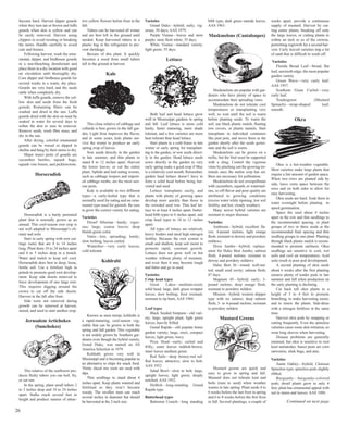 become hard. Harvest dipper gourds 
when they turn tan or brown and luffa 
gourds when skin is yellow and can 
be easily removed. Harvest using 
clippers to avoid twisting or breaking 
the stems. Handle carefully to avoid 
cuts and bruises. 
Following harvest, wash the orna-mental, 
dipper, and birdhouse gourds 
in a non-bleaching disinfectant and 
place them in a dry location with good 
air circulation until thoroughly dry. 
Cure dipper and birdhouse gourds for 
several weeks in a warm, dry place. 
Gourds are very hard, and the seeds 
rattle when completely dry. 
With luffa gourds, remove the yel-low 
skin and seeds from the fresh 
gourds. Remaining fibers can be 
washed and dried in the sun. Luffa 
gourds dried with the skin on must be 
soaked in water for several days to 
soften the skin to ease its removal. 
Remove seeds, wash fiber mass, and 
dry in the sun. 
After drying, colorful ornamental 
gourds can be waxed or dipped in 
shellac and hung by their stems to dry. 
Major insect pests of gourds are 
cucumber beetles, squash bugs, 
squash vine borers, and pickleworms. 
Horseradish 
Horseradish is a hardy perennial 
plant that is normally grown as an 
annual. This cool-season root crop is 
not well adapted to Mississippi’s cli-mate 
and soils. 
Start in early spring with root cut-tings 
(sets) that are 8 to 14 inches 
long. Plant them 18 to 24 inches apart 
and 4 to 5 inches deep in a trench. 
Water and mulch to keep soil cool. 
Horseradish does best in deep, loose, 
fertile soil. Use a fertilizer high in 
potash to promote good root develop-ment. 
Keep side shoots removed to 
force development of one large root. 
This requires digging around the 
crown to cut off the side shoots. 
Harvest in the fall after frost. 
Side roots not removed during 
growth can be removed at harvest, 
stored, and used to start another crop. 
Jerusalem Artichokes 
(Sunchokes) 
This relative of the sunflower pro-duces 
fleshy tubers you can boil, fry, 
or eat raw. 
In the spring, plant small tubers 2 
to 3 inches deep and 18 to 24 inches 
apart. Stalks reach several feet in 
height and produce masses of attrac-tive 
yellow flowers before frost in the 
fall. Tubers can be harvested all winter 
and are best left in the ground until 
needed. Keep harvested tubers in a 
plastic bag in the refrigerator to pre-vent 
shrinkage. 
Beware of this plant. It quickly 
becomes a weed from small tubers 
left in the ground at harvest. 
Kale 
This close relative of cabbage and 
collards is best grown in the fall gar-den. 
Light frost improves the flavor, 
and in some years, kale plants sur-vive 
the winter to produce an early 
spring crop of leaves. 
Sow seeds directly in the garden 
in late summer, and thin plants to 
stand 8 to 12 inches apart. Harvest 
the lower leaves, or cut the entire 
plant. Aphids and leaf-eating worms, 
such as cabbage loopers and import-ed 
cabbage moths, are the most seri-ous 
pests. 
Kale is available in two different 
types—a curly-leafed type that is 
normally used for eating and an orna-mental 
type used for garnish. Be sure 
to grow the correct variety for eating. 
Varieties 
Dwarf Siberian—hardy; vigor-ous; 
large, coarse leaves; deep 
bluish-green color. 
Vates—low, spreading; hardy; 
slow bolting; leaves curled. 
Winterbor—very curly leaves; 
cold tolerant. 
Kohlrabi 
Known as stem turnip, kohlrabi is 
a rapid-maturing, cool-season veg-etable 
that can be grown in both the 
spring and fall garden. This vegetable 
is not widely grown by Southern gar-deners 
even though the hybrid variety, 
Grand Duke, was named an All 
America Selection in 1979. 
Kohlrabi grows very well in 
Mississippi and is becoming popular as 
an alternative to chips for snack food. 
Thinly sliced raw roots are used with 
dips. Thin seedlings to stand about 4 
inches apart. Keep plants watered and 
fertilized so they won’t become 
woody. The swollen stem can reach 
several inches in diameter but should 
be harvested at the 2-inch size. 
Varieties 
Grand Duke—hybrid; early; vig-orous; 
50 days; AAS 1979. 
Purple Vienna—leaves and stem 
purple; stem flesh white; 55 days. 
White Vienna—standard variety; 
light green; 55 days. 
Lettuce 
Both leaf and head lettuce grow 
well in Mississippi gardens in spring 
and fall. Leaf lettuce is more cold 
hardy, faster maturing, more shade 
tolerant, and a few varieties are more 
heat tolerant than head lettuce. 
Start plants in a cold frame in late 
winter or early spring for transplant-ing 
to the garden, or sow seeds direct-ly 
in the garden. Head lettuce seeds 
sown directly in the garden in very 
early spring make a good crop if May 
is a relatively cool month. Remember, 
garden head lettuce doesn’t have to 
form a solid head before being har-vested 
and used. 
Lettuce transplants easily, and 
plants with plenty of growing space 
develop more quickly than those in 
the crowded seed row. Thin leaf let-tuce 
to at least 4 inches apart, butter-head 
bibb types to 6 inches apart, and 
crisp head types to 10 to 12 inches 
apart. 
All types of lettuce are relatively 
heavy feeders and need high nitrogen 
fertility. Because the root system is 
small and shallow, keep soil moist to 
promote rapid, constant growth. 
Lettuce does not grow well in hot 
weather without plenty of moisture, 
and even then it may become tough 
and bitter and go to seed. 
Varieties 
Crisp head types 
Great Lakes—medium-sized; 
solid head; large, dark green wrapper 
leaves; slow bolting; frost resistant; 
resistant to tip burn; AAS 1944. 
Leaf types 
Black Seeded Simpson—old vari-ety; 
large, upright plant; light green 
leaves; heavily frilled. 
Grand Rapids—old popular home 
garden variety; large, erect, compact 
leaves; light green; wavy. 
Prize Head—early; curled and 
frilly; outer leaves reddish-brown, 
inner leaves medium green. 
Red Sails—deep bronzy-red ruf-fled 
leaves; attractive; slow to bolt; 
AAS 1952. 
Salad Bowl—slow to bolt; large, 
upright leaves; light green; deeply 
notched; AAS 1952. 
SloBolt—long-standing Grand 
Rapids type. 
Butterhead types 
Butternut Crunch—long standing 
bibb type; dark green outside leaves; 
AAS 1963. 
Muskmelons (Cantaloupes) 
Muskmelons are popular with gar-deners 
who have plenty of space to 
accommodate their spreading vines. 
Muskmelons do not tolerate cool 
temperatures or transplanting very 
well, so wait until the soil is warm 
before planting seeds. To warm the 
soil, use black plastic mulch, floating 
row covers, or plastic tunnels. Start 
transplants in individual containers 
like peat pots, and move them to the 
garden shortly after the seeds germi-nate 
and the soil is warm. 
Muskmelons can be grown on a 
trellis, but the fruit must be supported 
with a sling. Control the vigorous 
vines by pinching out the growing ter-minals 
once the melon crop has set. 
Bees are necessary for pollination. 
Muskmelons do not crosspollinate 
with cucumbers, squash, or watermel-ons, 
so off-flavor and poor quality are 
attributed to growing conditions 
(excess water while ripening, low soil 
fertility, and hot, cloudy weather). 
Many newer hybrid varieties are 
resistant to major diseases. 
Varieties 
Ambrosia—hybrid; excellent fla-vor; 
4-pound melons; light orange 
flesh; resistant to downy and powdery 
mildews. 
Dixie Jumbo—hybrid; replace-ment 
for Hales Best Jumbo; salmon 
flesh; 4-pound melons; resistant to 
downy and powdery mildews. 
Hales Best 36—round; well-net-ted; 
small seed cavity; salmon flesh; 
87 days. 
Magnum 45—hybrid; early; 3- 
pound melons; deep orange flesh; 
resistant to powdery mildew. 
Mission—hybrid; western shipper 
type with no sutures; deep salmon 
flesh; 3- to 4-pound melons; resistant 
to powdery mildew. 
Mustard Greens 
Mustard greens are quick and 
easy to grow in spring and fall. 
Mustard does not tolerate heat and 
bolts (runs to seed) when weather 
warms in late spring. Plant seeds 4 to 
6 weeks before the last frost in spring 
and 6 to 8 weeks before the first frost 
in fall. Several plantings, a couple of 
weeks apart, provide a continuous 
supply of mustard. Harvest by cut-ting 
entire plants, breaking off only 
the large leaves, or cutting plants to 
within an inch or so of the crowns, 
permitting regrowth for a second har-vest. 
Curly leaved varieties trap a lot 
of sand that is difficult to wash off. 
Varieties 
Florida Broad Leaf—broad, flat 
leaf; sawtooth edge; the most popular 
garden variety. 
Green Wave—very curly leaf; 
AAS 1957. 
Southern Giant Curled—very 
curly leaf. 
Tendergreen (Mustard 
Spinach)—strap-shaped leaf; 
smooth. 
Okra 
Okra is a hot-weather vegetable. 
Most varieties make large plants that 
require a fair amount of garden space. 
When two rows are planted side by 
side, leave extra space between the 
rows and on both sides to allow for 
easy harvesting. 
Okra seeds are hard. Soak them in 
water overnight before planting to 
speed germination. 
Space the seed about 4 inches 
apart in the row and thin seedlings to 
the recommended spacing, or plant 
groups of two or three seeds at the 
recommended final spacing and thin 
seedling groups to one plant. Planting 
through black plastic mulch is recom-mended 
to promote earliness. Okra 
seedlings are sensitive to cool, wet 
soils and cool air temperatures. Acid 
soils result in poor pod development. 
A second planting of okra seeds 
about 6 weeks after the first planting 
ensures plenty of tender pods in late 
summer and fall when production on 
the early planting is declining. 
Cut back tall okra plants to a 
height of 3 to 4 feet to promote 
branching, to make harvesting easier, 
and to renew the plants. Side-dress 
with a nitrogen fertilizer at the same 
time. Harvest okra pods by snapping or 
cutting frequently. Even the spineless 
varieties cause some skin irritation, so 
wear long sleeves when harvesting. 
Disease problems are generally 
minimal, but okra is sensitive to root 
knot nematodes. Insect pests are corn 
earworms, stink bugs, and ants. 
Varieties 
Annie Oakley—hybrid; Clemson 
Spineless type; spineless pods slightly 
ribbed. 
Burgundy—burgundy-colored 
pods; dwarf plants grow to only 4 
feet; plant has ornamental appeal with 
red in stems and leaves; AAS 1988. 
26 
Continued on next page 
 