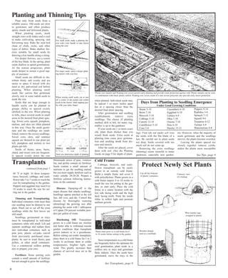 Planting and Thinning Tips 
Plant only fresh seeds from a 
reliable source. Old seeds are slow 
to germinate and often produce 
spotty stands and deformed plants. 
When planting seeds, mark 
straight rows with stakes and a cord 
to make cultivating, spraying, and 
harvesting easy. Rake the seed bed 
clean of clods, rocks, and other 
types of debris. Make shallow fur-rows 
suitable for small seeds by 
drawing a hoe handle along a string. 
For deeper furrows, use a corner 
of the hoe blade. In the spring, plant 
seeds shallow to speed germination. 
As the season progresses, plant 
seeds deeper to ensure a good sup-ply 
of moisture. 
Small seeds are difficult to dis-tribute 
thinly and evenly and are 
easier to space if mixed with dry 
sand or dry, pulverized soil before 
planting. When planting small 
seeds like carrots that germinate 
slowly, mix in some radish seeds to 
mark the row. 
Seeds that are large enough to 
handle easily can be planted in 
groups (hills) or spaced evenly 
(drilled) in the row. When planting 
in hills, place several seeds in small 
areas at the desired final plant spac-ing. 
Sweet corn, squash, pumpkins, 
melons, and okra are often planted 
in this way. Once the seeds germi-nate 
and the seedlings are estab-lished, 
remove the excess seedlings. 
Sweet corn, okra, and summer 
squash are thinned to one plant per 
hill, pumpkins and melons to two 
plants per hill. 
Seeds of beans, peas, beets, 
chard, and sweet corn are frequent-ly 
spaced evenly down the row 
when planted. Individual seeds may 
be spaced 1 or more inches apart 
but at a spacing closer than the 
desired final plant spacing. 
After germination and seedling 
establishment, remove extra 
seedlings. The choice of planting 
method, drill or hill, for many veg-etables 
is up to the gardener. 
If your seeds are 1 or more years 
old, plant them thicker than you 
would fresh seeds. Extra seeds at 
planting time cause poor germina-tion 
and seedling death from dis-ease 
and insects. 
After the seeds are placed, cover 
them with soil. (See the Planting 
Guide on page 9 for depth of plant-ing). 
Days from Planting to Seedling Emergence 
Firm (do not pack) soil over 
the seeds with the flat blade of a 
hoe. Be careful not to plant seeds 
too deep. Seeds covered with too 
much soil do not come up. 
Removing the extra seedlings 
(thinning) seems wasteful to many 
gardeners, especially new garden-ers. 
However, when the majority of 
seeds germinate and the seedlings 
survive, the plants become crowded. 
Leaving the plants spaced too 
closely together reduces yields, 
makes the plants more susceptible 
8 
Plastic row tunnels and floating row covers permit early planting and provide some protection against cold. Plastic tunnels can be used 
in combination with black plastic mulch. Floating row covers made of a non-woven polyester also provide early insect protection. 
60 °F at night. At these tempera-tures, 
broccoli, cabbage, and cauli-flower 
take 5 to 7 weeks to reach the 
size for transplanting to the garden. 
Peppers and eggplant may need 8 to 
10 weeks to reach the size for set-ting 
out in the garden. 
Thinning and Transplanting. 
Individual containers with more than 
one seedling must be thinned to one 
plant. Pinch out or cut off the extra 
seedlings while the first leaves are 
still small. 
Seedlings germinated in trays 
must be transplanted to individual 
containers while still small. Lift and 
separate seedlings and replant them 
into individual containers such as 
peat pots, plastic cel-paks (saved 
from previously purchased trans-plants; 
be sure to wash them), peat 
pellets, or other small containers. 
Use a commercial soilless potting 
mix or prepare your own. 
Fertilizer. Some potting soils 
contain a small amount of fertilizer 
but not enough to grow the seedlings. 
For small seeds, make a planting fur-row 
with a hoe handle or rake drawn 
along the cord. 
For larger seeds, open a deeper plant-ing 
furrow with your hoe. 
When sowing small seeds, cut or tear 
off a corner of the packet and scatter 
seeds in the furrow while tapping gen-tly 
with your index finger. 
Space larger seeds evenly and drop 
by hand. 
SMALL MEDIUM LARGE 1⁄4 - 1⁄2 inch 1⁄2 - 1 inch 1 - 11⁄2 inch 
Seed size determines depth of planting. 
Homemade mixes of peat, vermicu-lite, 
and perlite contain no fertilizer. 
Seeds contain a small amount of 
nutrients to get the seedling started, 
but you must supply fertilizer such as 
water soluble 20-20-20. Prepare a 
fertilizer solution following instruc-tions 
on the container. 
Disease. Damping-off is the 
major disease that attacks seedlings. 
Seedlings appear pinched at the soil 
line, fall over, and die. Control this 
disease by thoroughly watering 
(drenching) the growing mix after 
planting the seeds with 1 tablespoon 
of Captan (50 percent wettable pow-der) 
per gallon of water. 
Hardening Off. Transplants 
grown in a cold frame are stockier 
and better able to withstand outside 
garden conditions than transplants 
grown indoors or in a greenhouse. 
Before setting out tender transplants, 
place them in a cold frame for 1 to 2 
weeks to acclimate them to colder 
temperatures, brighter light, and 
wind. This greatly increases their 
chances of survival once set in the 
garden. 
Cold Frame 
Cabbage, broccoli, and cauli-flower 
transplants can be easily 
grown in an outside cold frame. 
Build a simple frame and cover it 
with polyethylene. Plants grown in a 
cold frame require 8 to 10 weeks to 
reach the size for setting in the gar-den, 
so start early. Place the cold 
frame in a sunny location with the 
low side facing south and the high 
back facing north. Paint the inside 
white to reflect light and promote 
uniform growth. 
Plants must grow in a cold frame for 8 
to 10 weeks before setting in the garden. 
Since temperatures in a cold frame 
are frequently below the optimum for 
seed germination, plant seeds in a 
soilless mix in trays and germinate 
them indoors. Once the seeds have 
germinated, move the trays to the 
Cut off the bottoms 
of plastic containers Cutaway view 
of a hotkap 
Wooden shingle 
used as a sunshade 
Wire tomato cage 
wrapped in plastic 
Transplants 
continued from page 7 Protect Newly Set Plants 
See Transplants, page 9 
See Tips, page 9 
Under Good Growing Conditions 
Beans 5-10 
Beets 7-10 
Broccoli 5-10 
Cabbage 5-10 
Carrots 12-18 
Cauliflower 5-10 
Corn 5-8 
Cucumbers 6-10 
Eggplant 6-10 
Lettuce 6-8 
Okra 7-10 
Onions 7-10 
Peas 6-10 
Parsley 15-21 
Peppers 9-14 
Radishes 3-6 
Spinach 7-12 
Squash 4-6 
Tomatoes 6-12 
Turnips 4-8 
Watermelons 6-8 
 