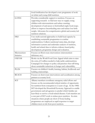 food fortification has developed a new programme of work 
on infant and young child nutrition. 
GATES Provides considerable support to nutrition. Focuses on 
supporting research: to find new ways to supply young 
children with micronutrients and reduce stunting; 
development of and access to biofortified staple food crops; 
efforts to improve breastfeeding rates and reduce low birth 
weight. Advocates for comprehensive global and country-led 
nutrition solutions. 
HKI Uses multi-sectoral approaches to build local capacity by 
establishing sustainable programmes to combat 
undernutrition. Collects nutritional status data, develops 
information systems and undertakes analysis of nutrition, 
health and related data to inform evidence-based policy 
development, programme design and evaluation. 
21 
Micronutrient 
Initiative 
Focuses on Short route interventions (micronutrient 
deficiency etc.). 
OXFAM Works via the World Food Crisis Appeal which aims to raise 
the extra £15 million needed to help tackle undernutrition. 
Campaigns for changes to policy and practices that will bring 
about sustainable reductions in hunger and vulnerability. 
PLAN Focuses on children‟s health, learning, habitat, livelihoods and 
building relationships. 
REACH Focuses on short route interventions and coordination among 
partners at country level. 
SCF Alliance members coordinate emergency relief efforts and 
focuses on the recommended critical window of opportunity 
for nutrition from conception to 2 years of age. In the 1980s 
SCF developed the Household Economy Approach to enable 
governments and aid agencies to predict which families are 
least likely to survive a food-related disaster. Cash transfers are 
a core part of SCF work to reduce poor nutrition. In crisis 
situations where people are short of food, feeding 
programmes are employed as rapid responses to target 
children most at risk from poor nutrition. 
 