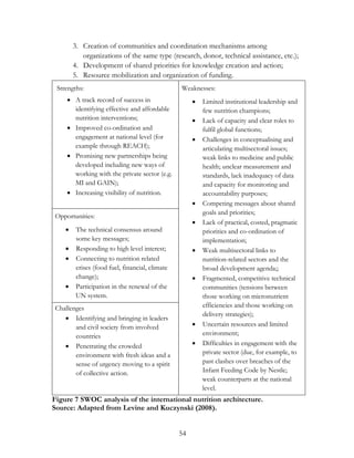 3. Creation of communities and coordination mechanisms among 
organizations of the same type (research, donor, technical assistance, etc.); 
4. Development of shared priorities for knowledge creation and action; 
5. Resource mobilization and organization of funding. 
54 
Strengths: 
 A track record of success in 
identifying effective and affordable 
nutrition interventions; 
 Improved co-ordination and 
engagement at national level (for 
example through REACH); 
 Promising new partnerships being 
developed including new ways of 
working with the private sector (e.g. 
MI and GAIN); 
 Increasing visibility of nutrition. 
Weaknesses: 
 Limited institutional leadership and 
few nutrition champions; 
 Lack of capacity and clear roles to 
fulfil global functions; 
 Challenges in conceptualising and 
articulating multisectoral issues; 
weak links to medicine and public 
health; unclear measurement and 
standards, lack inadequacy of data 
and capacity for monitoring and 
accountability purposes; 
 Competing messages about shared 
goals and priorities; 
 Lack of practical, costed, pragmatic 
priorities and co-ordination of 
implementation; 
 Weak multisectoral links to 
nutrition-related sectors and the 
broad development agenda;; 
 Fragmented, competitive technical 
communities (tensions between 
those working on micronutrient 
efficiencies and those working on 
delivery strategies); 
 Uncertain resources and limited 
environment; 
 Difficulties in engagement with the 
private sector (due, for example, to 
past clashes over breaches of the 
Infant Feeding Code by Nestle; 
weak counterparts at the national 
level. 
Opportunities: 
 The technical consensus around 
some key messages; 
 Responding to high level interest; 
 Connecting to nutrition related 
crises (food fuel, financial, climate 
change); 
 Participation in the renewal of the 
UN system. 
Challenges 
 Identifying and bringing in leaders 
and civil society from involved 
countries 
 Penetrating the crowded 
environment with fresh ideas and a 
sense of urgency moving to a spirit 
of collective action. 
Figure 7 SWOC analysis of the international nutrition architecture. 
Source: Adapted from Levine and Kuczynski (2008). 
 