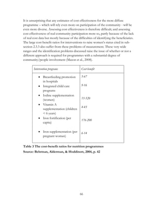 It is unsurprising that any estimates of cost effectiveness for the more diffuse 
programme – which will rely even more on participation of the community - will be 
even more diverse. Assessing cost effectiveness is therefore difficult; and assessing 
cost effectiveness of real community participation more so, partly because of the lack 
of real cost data but mostly because of the difficulties of identifying the beneficiaries. 
The large cost-benefit ratios for interventions to raise women‟s status cited in sub-section 
2.3.3 also suffer from these problems of measurement. These very wide 
ranges and the identification problems discussed raise the issue of whether or not a 
different approach is required for programmes with a substantial degree of 
community/people involvement (Mason et al., 2008). 
Intervention programs Cost-benefit 
66 
 Breastfeeding promotion 
in hospitals 
 Integrated child care 
programs 
 Iodine supplementation 
(women) 
 Vitamin A 
supplementation (children 
< 6 years) 
 Iron fortification (per 
capita) 
 Iron supplementation (per 
pregnant woman) 
5-67 
9-16 
15-520 
4-43 
176-200 
6-14 
Table 3 The cost-benefit ratios for nutrition programmes 
Source: Behrman, Alderman, & Hoddinott, 2004, p. 42 
 