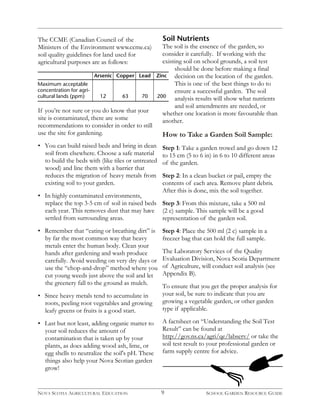 The CCME (Canadian Council of the 
Ministers of the Environment www.ccme.ca) 
soil quality guidelines for land used for 
agricultural purposes are as follows: 
Soil Nutrients 
The soil is the essence of the garden, so 
consider it carefully. If working with the 
existing soil on school grounds, a soil test 
Arsenic Copper Lead Zinc 
Maximum acceptable 
concentration for agri-cultural 
lands (ppm) 12 63 70 200 
If you’re not sure or you do know that your 
site is contaminated, there are some 
recommendations to consider in order to still 
use the site for gardening. 
• You can build raised beds and bring in clean 
soil from elsewhere. Choose a safe material 
to build the beds with (like tiles or untreated 
wood) and line them with a barrier that 
reduces the migration of heavy metals from 
existing soil to your garden. 
• In highly contaminated environments, 
replace the top 3-5 cm of soil in raised beds 
each year. This removes dust that may have 
settled from surrounding areas. 
• Remember that “eating or breathing dirt” is 
by far the most common way that heavy 
metals enter the human body. Clean your 
hands after gardening and wash produce 
carefully. Avoid weeding on very dry days or 
use the “chop-and-drop” method where you 
cut young weeds just above the soil and let 
the greenery fall to the ground as mulch. 
• Since heavy metals tend to accumulate in 
roots, peeling root vegetables and growing 
leafy greens or fruits is a good start. 
• Last but not least, adding organic matter to 
your soil reduces the amount of 
contamination that is taken up by your 
plants, as does adding wood ash, lime, or 
egg shells to neutralize the soil's pH. These 
things also help your Nova Scotian garden 
grow! 
How to Take a Garden Soil Sample: 
9 
should be done before making a final 
decision on the location of the garden. 
This is one of the best things to do to 
ensure a successful garden. The soil 
analysis results will show what nutrients 
and soil amendments are needed, or 
whether one location is more favourable than 
another. 
Step 1: Take a garden trowel and go down 12 
to 15 cm (5 to 6 in) in 6 to 10 different areas 
of the garden. 
Step 2: In a clean bucket or pail, empty the 
contents of each area. Remove plant debris. 
After this is done, mix the soil together. 
Step 3: From this mixture, take a 500 ml 
(2 c) sample. This sample will be a good 
representation of the garden soil. 
Step 4: Place the 500 ml (2 c) sample in a 
freezer bag that can hold the full sample. 
The Laboratory Services of the Quality 
Evaluation Division, Nova Scotia Department 
of Agriculture, will conduct soil analysis (see 
Appendix B). 
To ensure that you get the proper analysis for 
your soil, be sure to indicate that you are 
growing a vegetable garden, or other garden 
type if applicable. 
A factsheet on “Understanding the Soil Test 
Result” can be found at 
http://gov.ns.ca/agri/qe/labserv/ or take the 
soil test result to your professional garden or 
farm supply centre for advice. 
NOVA SCOTIA AGRICULTURAL EDUCATION SCHOOL GARDEN RESOURCE GUIDE 
 
