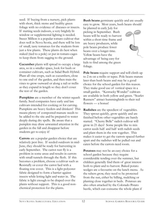 seed. If buying from a nursery, pick plants 
with short, thick stems and healthy green 
foliage with no evidence of diseases or insects. 
If starting seeds indoors, a very brightly lit 
window or supplemental lighting is needed. 
Sweet Million is a popular tomato cultivar that 
does well in Nova Scotia, and there will be lots 
of small, tasty tomatoes for the students from 
just a few plants. These plants do best when 
staked (tied to a pole) or put in tomato cages 
to keep them from sagging to the ground. 
Cucumber plants will spread to occupy a large 
area, so in a smaller space, look for bush or 
container cultivars, such as Salad Bush Hybrid. 
Plant all vine crops, such as cucumbers, close 
to one end of the garden, and then train the 
vines to grow outward or along a rail or trellis 
as they expand in length so they don’t cover 
the rest of the garden. 
Pumpkins are a member of the winter squash 
family. Seed companies have early and late 
cultivars intended for cooking or for carving. 
Pumpkins are heavy feeders and drinkers! This 
means plenty of composted manure needs to 
be added to the site and be prepared to water 
deeply during dry spells. Be aware that a 
pumpkin may draw unwanted attention in the 
garden in the fall and disappear before 
students get to enjoy it! 
Carrots are a popular garden choice that are 
relatively pest free. If seeded outdoors in mid- 
June, they should be ready for harvesting in 
early September. The carrot rust fly is a 
problem in some areas and results in carrots 
with small tunnels through the flesh. If this 
becomes a problem, choose a cultivar such as 
Resistafly or cover the carrot bed with a 
floating row cover. This is a light polyester 
fabric designed to form a barrier against 
insects while letting light and water in. The 
fabric is light enough to be draped over the 
plants without support. This is a good non-chemical 
protection for the plants. 
Bush beans germinate quickly and are usually 
easy to grow. Most years, bush beans should 
be planted in early July for 
picking in September. Bush 
beans will be ready to harvest 
within a short time frame and 
are heavy producers, while 
pole beans produce fewer 
beans over a longer time. 
Yellow beans have the 
advantage of being easy for 
kids to find among the green 
foliage. 
Pole beans require support and will climb up 
to 2 m on a trellis or tepee. Pole beans mature 
later than bush beans and may be a good 
choice for the school garden for this reason. 
They make good use of vertical space in a 
small garden. “Kentucky Wonder” cultivars 
are available in both yellow and green. “Scarlet 
Runners” attract hummingbirds to their red 
flowers — a bonus! 
Radishes are the speediest of vegetables. 
They sprout quickly, grow quickly and are 
finished before other vegetables are barely 
started. “Cherry Belle” radish cultivar will 
grow in 21 days! Some people like to mix 
carrot seeds half and half with radish seeds 
and plant them in the row together. This 
makes it easier to get the carrots spaced further 
apart and the radishes will be pulled out and 
eaten before the carrots need room. 
Potatoes may not be an easy choice for a 
school garden because they require 
considerable tending over the summer, but 
children generally find them of great interest 
both to plant and to harvest. Baked potato 
wedges are a favourite on the lunch menu. As 
the tubers grow, they need to be protected 
from the sun, either by hilling, mulching or 
planting close together in beds. Potatoes are 
also often attacked by the Colorado Potato 
beetle, which can consume the whole plant if 
NOVA SCOTIA AGRICULTURAL EDUCATION 12 SCHOOL GARDEN RESOURCE GUIDE 
 