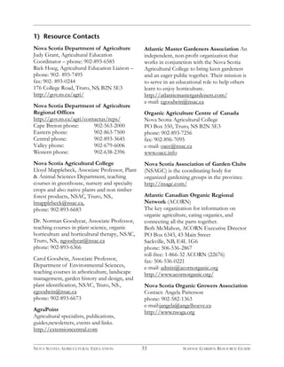 1) Resource Contacts 
Nova Scotia Department of Agriculture 
Judy Grant, Agricultural Education 
Coordinator – phone: 902-893-6585 
Rick Hoeg, Agricultural Education Liaison – 
phone: 902- 893-7495 
fax: 902- 893-0244 
176 College Road, Truro, NS, B2N 5E3 
http://gov.ns.ca/agri/ 
Nova Scotia Department of Agriculture 
Regional Offices 
http://gov.ns.ca/agri/contactus/reps/ 
Cape Breton phone: 902-563-2000 
Eastern phone: 902-863-7500 
Central phone: 902-893-3645 
Valley phone: 902-679-6006 
Western phone: 902-638-2396 
Nova Scotia Agricultural College 
Lloyd Mapplebeck, Associate Professor, Plant 
& Animal Sciences Department, teaching 
courses in greenhouse, nursery and specialty 
crops and also native plants and non timber 
forest products, NSAC, Truro, NS., 
lmapplebeck@nsac.ca, 
phone: 902-893-6683 
Dr. Norman Goodyear, Associate Professor, 
teaching courses in plant science, organic 
horticulture and horticultural therapy, NSAC, 
Truro, NS., ngoodyear@nsac.ca 
phone: 902-893-6366 
Carol Goodwin, Associate Professor, 
Department of Environmental Sciences, 
teaching courses in arboriculture, landscape 
management, garden history and design, and 
plant identification, NSAC, Truro, NS., 
cgoodwin@nsac.ca 
phone: 902-893-6673 
AgraPoint 
Agricultural specialists, publications, 
guides,newsletters, events and links. 
http://extensioncentral.com 
Atlantic Master Gardeners Association An 
independent, non-profit organization that 
works in conjunction with the Nova Scotia 
Agricultural College to bring keen gardeners 
and an eager public together. Their mission is 
to serve in an educational role to help others 
learn to enjoy horticulture. 
http://atlanticmastergardeners.com/ 
e-mail: cgoodwin@nsac.ca 
Organic Agriculture Centre of Canada 
Nova Scotia Agricultural College 
PO Box 550, Truro, NS B2N 5E3 
phone: 902-893-7256 
fax: 902-896-7095 
e-mail: oacc@nsac.ca 
www.oacc.info 
Nova Scotia Association of Garden Clubs 
(NSAGC) is the coordinating body for 
organized gardening groups in the province. 
http://nsagc.com/ 
Atlantic Canadian Organic Regional 
Network (ACORN) 
The key organization for information on 
organic agriculture, eating organics, and 
connecting all the parts together. 
Beth McMahon, ACORN Executive Director 
PO Box 6343, 43 Main Street 
Sackville, NB, E4L 1G6 
phone: 506-536-2867 
toll-free: 1-866-32 ACORN (22676) 
fax: 506-536-0221 
e-mail: admin@acornorganic.org 
http://www.acornorganic.org/ 
Nova Scotia Organic Growers Association 
Contact: Angela Patterson 
phone: 902-582-1363 
e-mail:jangela@angelhoeve.ca 
http://www.nsoga.org 
NOVA SCOTIA AGRICULTURAL EDUCATION 33 SCHOOL GARDEN RESOURCE GUIDE 
 