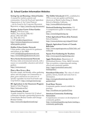 2) School Garden Information Websites 
Setting Up and Running a School Garden 
A manual for teachers, parents and 
communities. From the Food and Agriculture 
Organization of the United Nations 
– can be found in the Corporate Document 
Repository at http://www.fao.org/documents/ 
Ecology Action Centre Urban Garden 
Project, 2705 Fern Lane 
Halifax, Nova Scotia, B3K 4L3 
phone: (902) 429-2202 
fax: (902) 405-3716 
e-mail: info@ecologyaction.ca 
http://www.ecologyaction.ca/content/ 
urban-garden-project 
Halifax Urban Garden Network 
Urban garden online network for gardeners 
and citizens of the HRM 
email: info@halifaxgardennetwork.com 
http://www.halifaxgardennetwork.com/ 
Nova Scotia Environmental Network 
Province-wide environmental network, with a 
caucus on sustainability education and school 
gardens. 
http://www.nsen.ca/ 
Plant a Row Grow a Row 
Provides simple, kid friendly, online gardening 
advice and encourages our communities to 
plant, grow and harvest an extra row of 
specific vegetables for local food banks and 
soup kitchens. http://www.growarow.org/ 
BC Agriculture in the Classroom Program 
Spuds in Tubs Program: 
http://www.aitc.ca/bc/ 
School Garden Wizard 
A guide created for America’s K-12 school 
community through a partnership between the 
United States Botanic Garden and Chicago 
Botanic Garden. 
http://www.schoolgardenwizard.org/ 
The Edible Schoolyard (ESY), established in 
1995, is a one-acre garden and kitchen 
classroom at Martin Luther King, Jr. Middle 
School in Berkeley, California. 
http://www.edibleschoolyard.org/ 
National Gardening Association, US 
A comprehensive guide to starting a school 
garden. 
http://www.kidsgardening.org 
Urban Agricultural Notes (City Farmer) 
School Gardens: 
http://www.cityfarmer.org/schgard15.html 
Organic Agriculture Centre of Canada 
Kids links 
http://www.organicagcentre.ca/Kids/kids_wel 
come.asp 
Square Foot Gardening for Teachers 
http://www.squarefootgardening.com/ 
Aggie Horticulture, Department of 
Horticultural Science, Texas A&M University 
Tips on nutrition, composting and starting 
school and community gardens 
http://aggie-horticulture.tamu.edu/ 
kindergarden/ 
Greenheart Education. The value of school 
gardens, history, benefit and some how-to 
information. 
http://www.greenhearted.org/school-gardens. 
34 
html 
Food Share Toronto 
Community garden manual available for 
purchase. 
http://foodshare.net/garden03.htm 
American Community Gardening 
Association 
Comprehensive resources on development of 
community gardens. 
http://communitygarden.org/learn/starting-a-community- 
garden.php 
NOVA SCOTIA AGRICULTURAL EDUCATION SCHOOL GARDEN RESOURCE GUIDE 
 