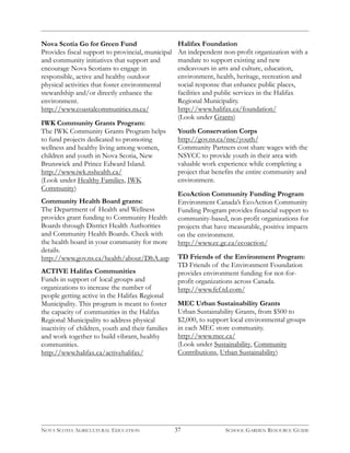 Nova Scotia Go for Green Fund 
Provides fiscal support to provincial, municipal 
and community initiatives that support and 
encourage Nova Scotians to engage in 
responsible, active and healthy outdoor 
physical activities that foster environmental 
stewardship and/or directly enhance the 
environment. 
http://www.coastalcommunities.ns.ca/ 
IWK Community Grants Program: 
The IWK Community Grants Program helps 
to fund projects dedicated to promoting 
wellness and healthy living among women, 
children and youth in Nova Scotia, New 
Brunswick and Prince Edward Island. 
http://www.iwk.nshealth.ca/ 
(Look under Healthy Families, IWK 
Community) 
Community Health Board grants: 
The Department of Health and Wellness 
provides grant funding to Community Health 
Boards through District Health Authorities 
and Community Health Boards. Check with 
the health board in your community for more 
details. 
http://www.gov.ns.ca/health/about/DhA.asp 
ACTIVE Halifax Communities 
Funds in support of local groups and 
organizations to increase the number of 
people getting active in the Halifax Regional 
Municipality. This program is meant to foster 
the capacity of communities in the Halifax 
Regional Municipality to address physical 
inactivity of children, youth and their families 
and work together to build vibrant, healthy 
communities. 
http://www.halifax.ca/activehalifax/ 
Halifax Foundation 
An independent non-profit organization with a 
mandate to support existing and new 
endeavours in arts and culture, education, 
environment, health, heritage, recreation and 
social response that enhance public places, 
facilities and public services in the Halifax 
Regional Municipality. 
http://www.halifax.ca/foundation/ 
(Look under Grants) 
Youth Conservation Corps 
http://gov.ns.ca/nse/youth/ 
Community Partners cost share wages with the 
NSYCC to provide youth in their area with 
valuable work experience while completing a 
project that benefits the entire community and 
environment. 
EcoAction Community Funding Program 
Environment Canada’s EcoAction Community 
Funding Program provides financial support to 
community-based, non-profit organizations for 
projects that have measurable, positive impacts 
on the environment. 
http://www.ec.gc.ca/ecoaction/ 
TD Friends of the Environment Program: 
TD Friends of the Environment Foundation 
provides environment funding for not-for-profit 
organizations across Canada. 
http://www.fef.td.com/ 
MEC Urban Sustainability Grants 
Urban Sustainability Grants, from $500 to 
$2,000, to support local environmental groups 
in each MEC store community. 
http://www.mec.ca/ 
(Look under Sustainability, Community 
Contributions, Urban Sustainability) 
NOVA SCOTIA AGRICULTURAL EDUCATION 37 SCHOOL GARDEN RESOURCE GUIDE 
 