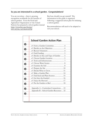 So you are interested in a school garden. Congratulations! 
But how should you get started? The 
information in this guide is organized 
following a suggested action plan for initiating 
a school garden. 
Recommendations will need to be adapted to 
suit your school. 
School Garden Action Plan 
3 
You are not alone – there is growing 
recognition worldwide for the benefits of 
school gardens. Even the Food and 
Agriculture Organization of the United 
Nations has prepared a school garden manual 
http://www.fao.org/docrep/ 
009/a0218e/a0218e00.HTM 
Form a Garden Committee . . . . . . . . . . . . 4 
Decide on the Objectives . . . . . . . . . . . . . . 4 
Recruit Volunteers . . . . . . . . . . . . . . . . . . . . 4 
Find Funding . . . . . . . . . . . . . . . . . . . . . . . . 5 
Decide on Size and Type of Garden . . . . 5 
Choose Garden Location . . . . . . . . . . . . . . 5 
Tools and Infrastructure . . . . . . . . . . . . . . . 7 
Choose Water Source . . . . . . . . . . . . . . . . . 8 
Examine the Soil . . . . . . . . . . . . . . . . . . . . . 8 
Prepare the Site . . . . . . . . . . . . . . . . . . . . . 10 
Decide What to Grow. . . . . . . . . . . . . . . . 11 
Make a Garden Plan . . . . . . . . . . . . . . . . . 14 
Find Seed and Plant Sources . . . . . . . . . . 15 
Get Into the Garden!. . . . . . . . . . . . . . . . . 16 
Enjoy the Harvest!. . . . . . . . . . . . . . . . . . . 17 
Put the Garden to Bed . . . . . . . . . . . . . . . 18 
Appendix A – Curriculum Connections . . . 19 
Appendix B – School Garden Resources . . 32 
NOVA SCOTIA AGRICULTURAL EDUCATION SCHOOL GARDEN RESOURCE GUIDE 
 
