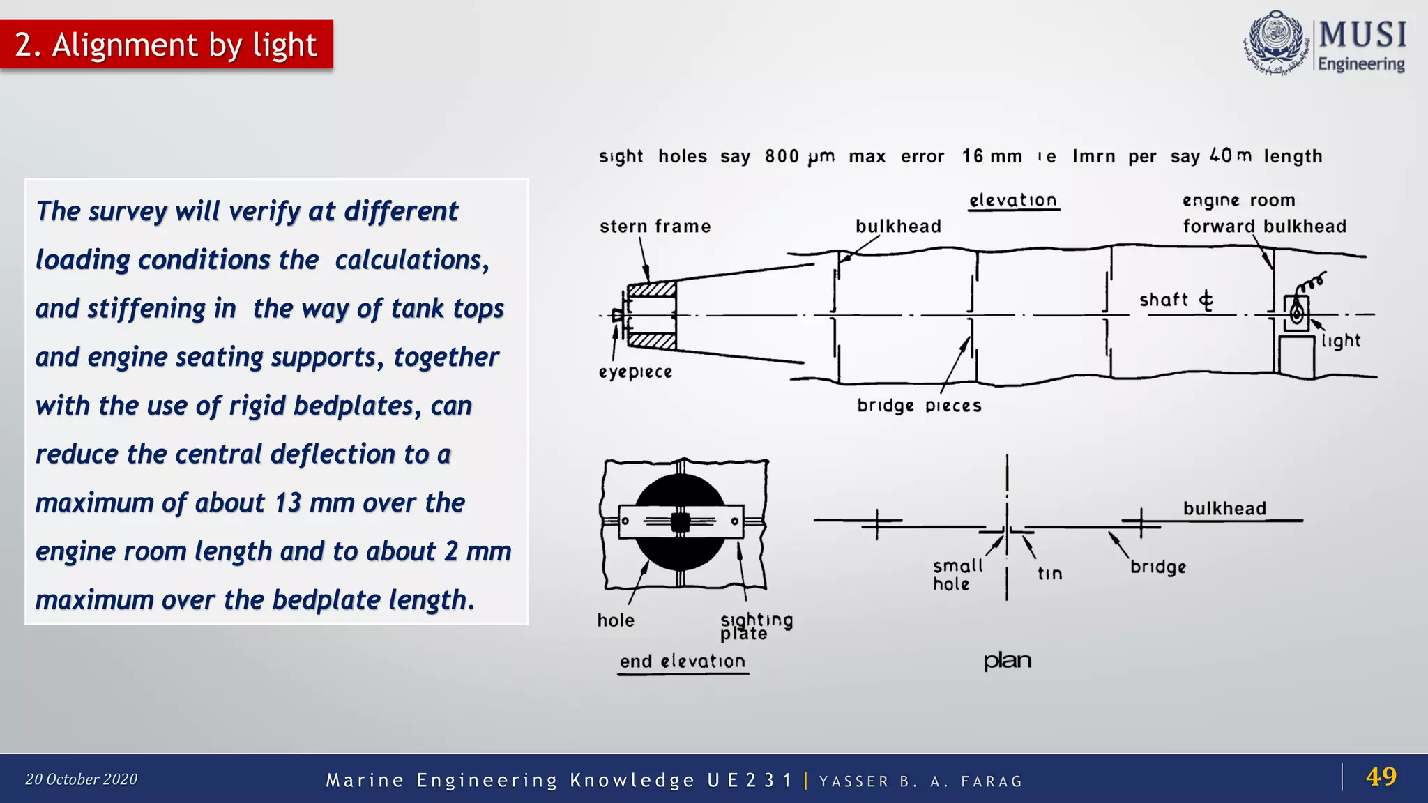M a r i n e E n g i n e e r i n g K n o w l e d g e U E 2 3 1 | Y A S S E R B . A . F A R A G20 October 2020
2. Alignment by light
The survey will verify at different
loading conditions the calculations,
and stiffening in the way of tank tops
and engine seating supports, together
with the use of rigid bedplates, can
reduce the central deflection to a
maximum of about 13 mm over the
engine room length and to about 2 mm
maximum over the bedplate length.
49
 