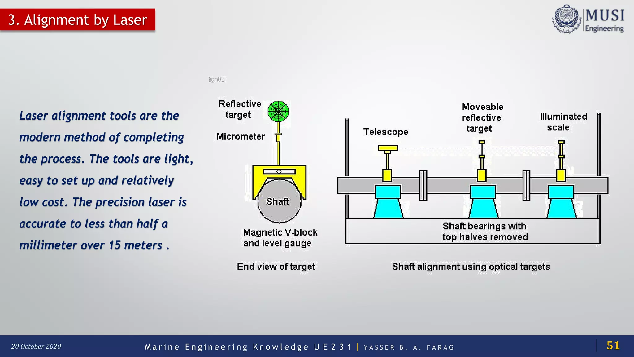 M a r i n e E n g i n e e r i n g K n o w l e d g e U E 2 3 1 | Y A S S E R B . A . F A R A G20 October 2020
3. Alignment by Laser
Laser alignment tools are the
modern method of completing
the process. The tools are light,
easy to set up and relatively
low cost. The precision laser is
accurate to less than half a
millimeter over 15 meters .
51
 
