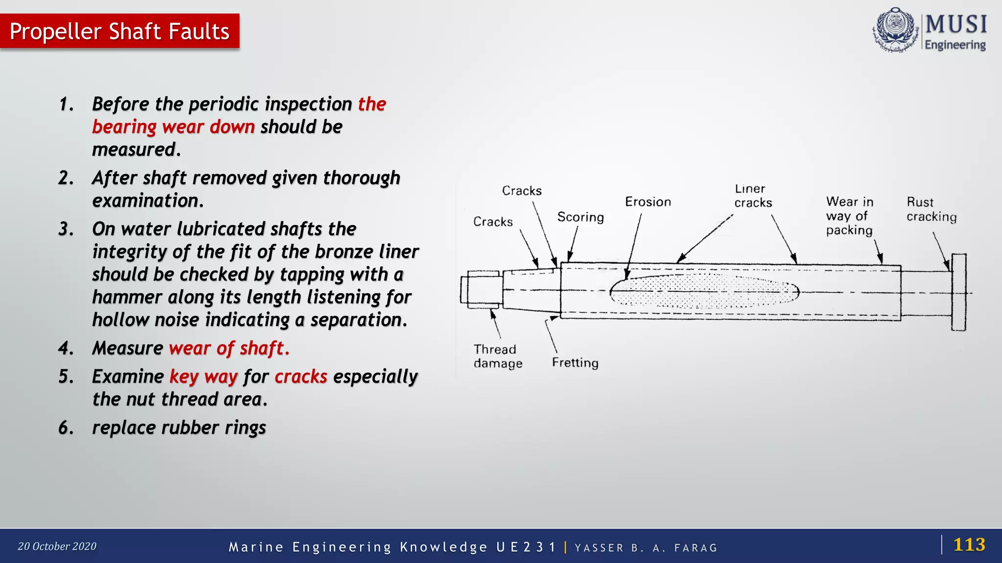 M a r i n e E n g i n e e r i n g K n o w l e d g e U E 2 3 1 | Y A S S E R B . A . F A R A G20 October 2020
Propeller Shaft Faults
1. Before the periodic inspection the
bearing wear down should be
measured.
2. After shaft removed given thorough
examination.
3. On water lubricated shafts the
integrity of the fit of the bronze liner
should be checked by tapping with a
hammer along its length listening for
hollow noise indicating a separation.
4. Measure wear of shaft.
5. Examine key way for cracks especially
the nut thread area.
6. replace rubber rings
113
 
