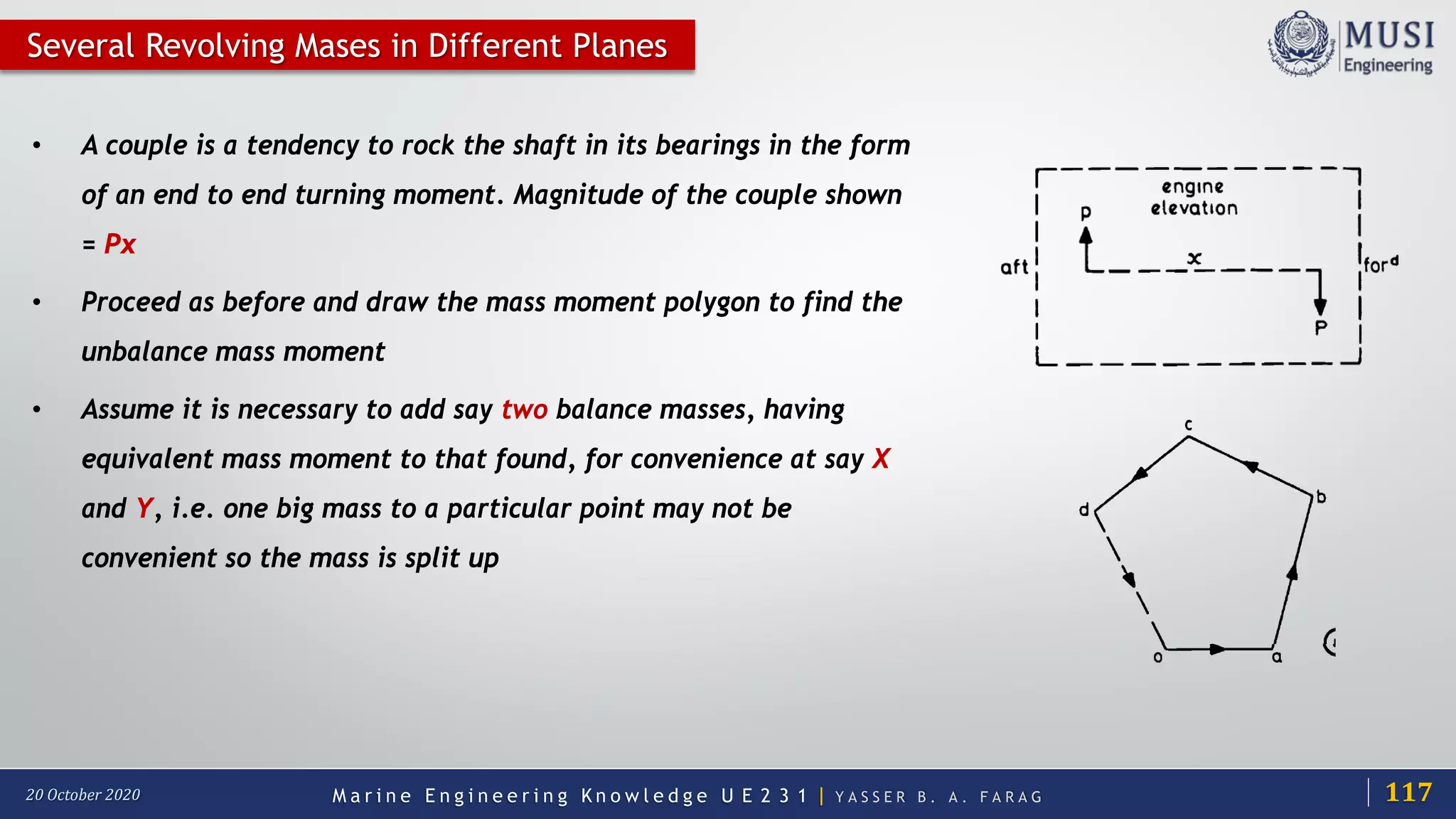 M a r i n e E n g i n e e r i n g K n o w l e d g e U E 2 3 1 | Y A S S E R B . A . F A R A G20 October 2020
Several Revolving Mases in Different Planes
• A couple is a tendency to rock the shaft in its bearings in the form
of an end to end turning moment. Magnitude of the couple shown
= Px
• Proceed as before and draw the mass moment polygon to find the
unbalance mass moment
• Assume it is necessary to add say two balance masses, having
equivalent mass moment to that found, for convenience at say X
and Y, i.e. one big mass to a particular point may not be
convenient so the mass is split up
117
 